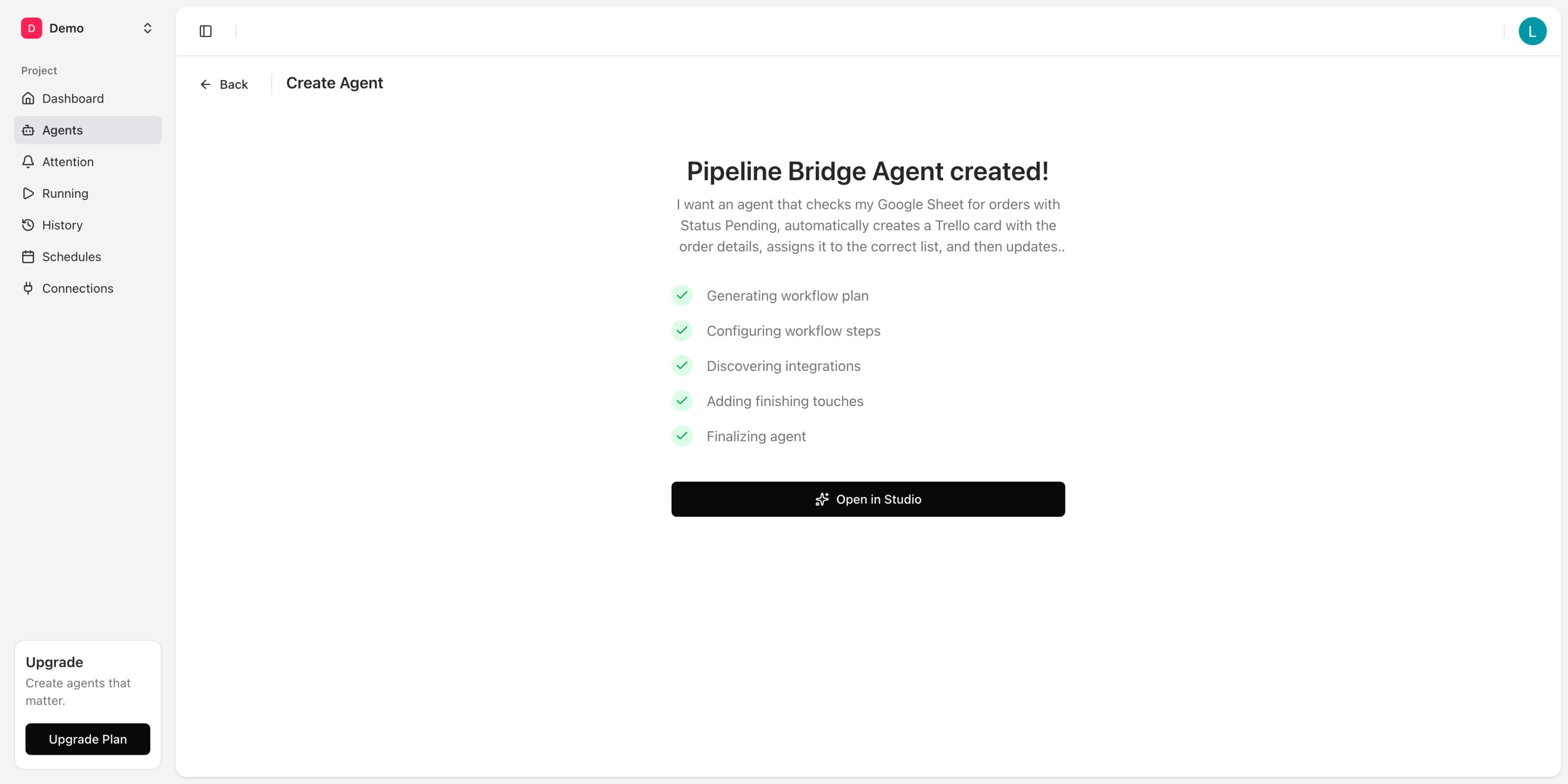 Pipeline Bridge Agent created showing all checklist items with green checkmarks and Open in Studio button