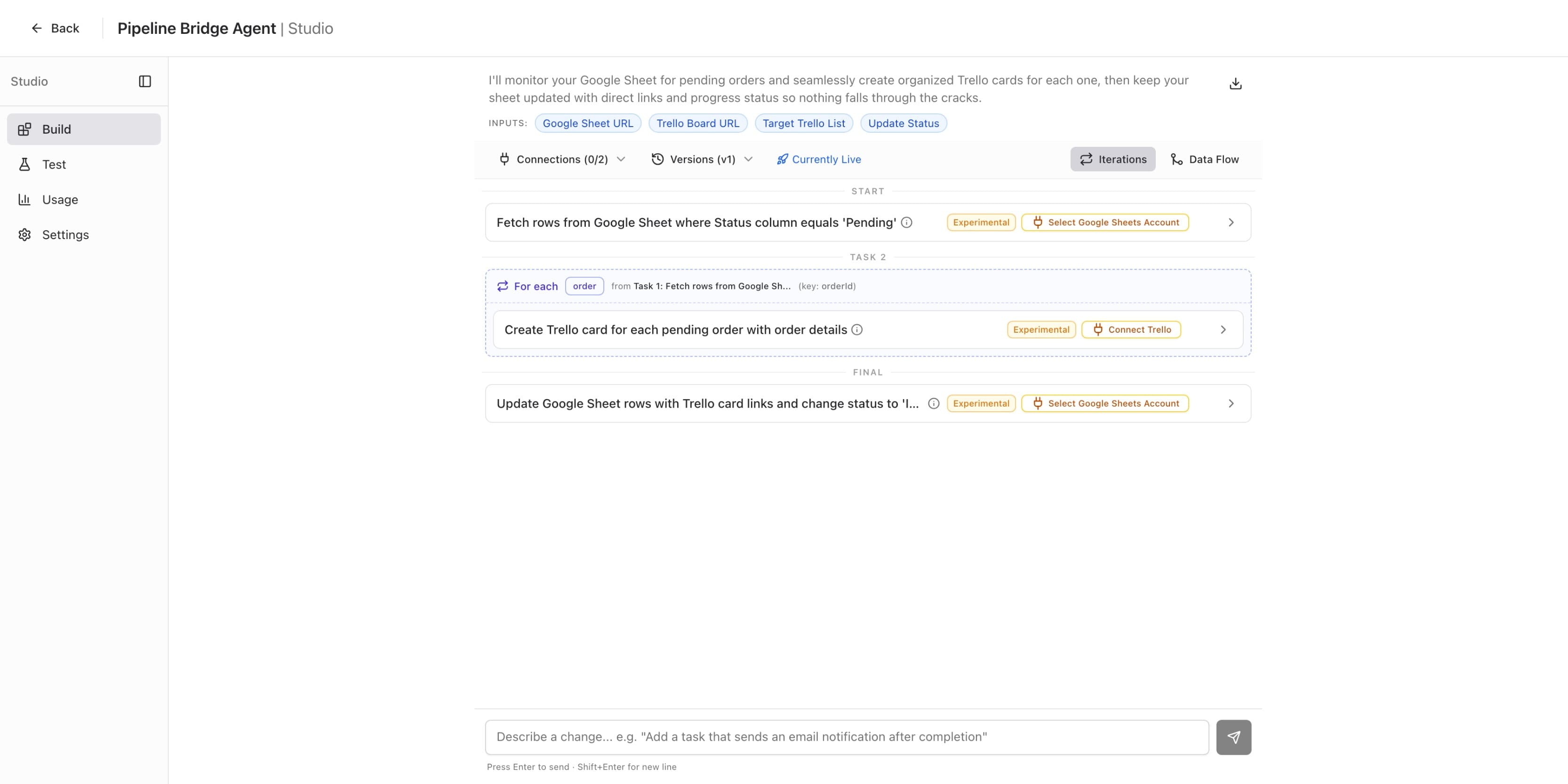 Studio Build tab showing Pipeline Bridge Agent steps with orange Connect Google Sheets and Connect Trello badges and Connections 0/2