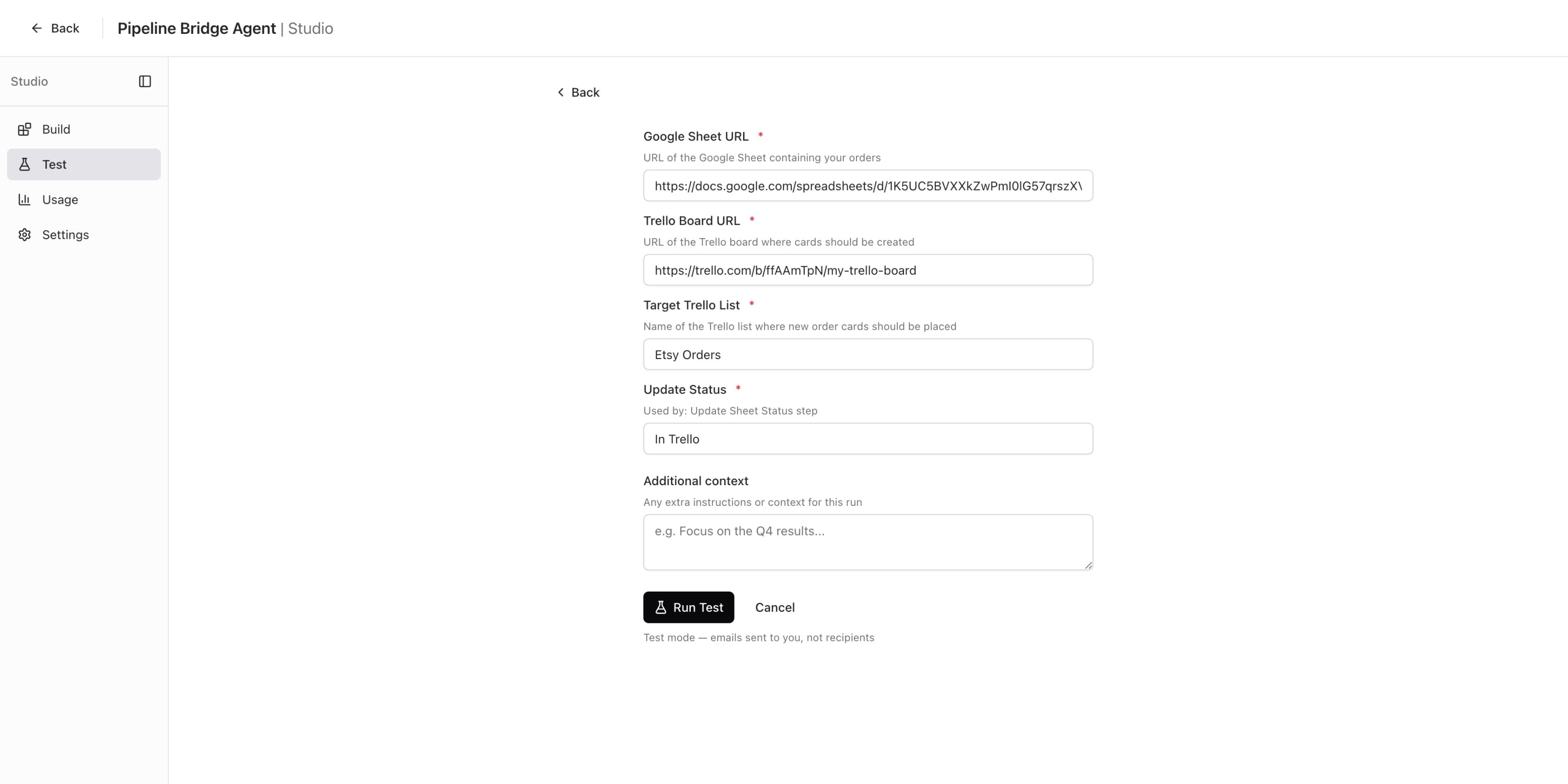 Configure Test form with Google Sheet URL, Trello Board URL, Target Trello List set to Etsy Orders, and Update Status set to In Trello