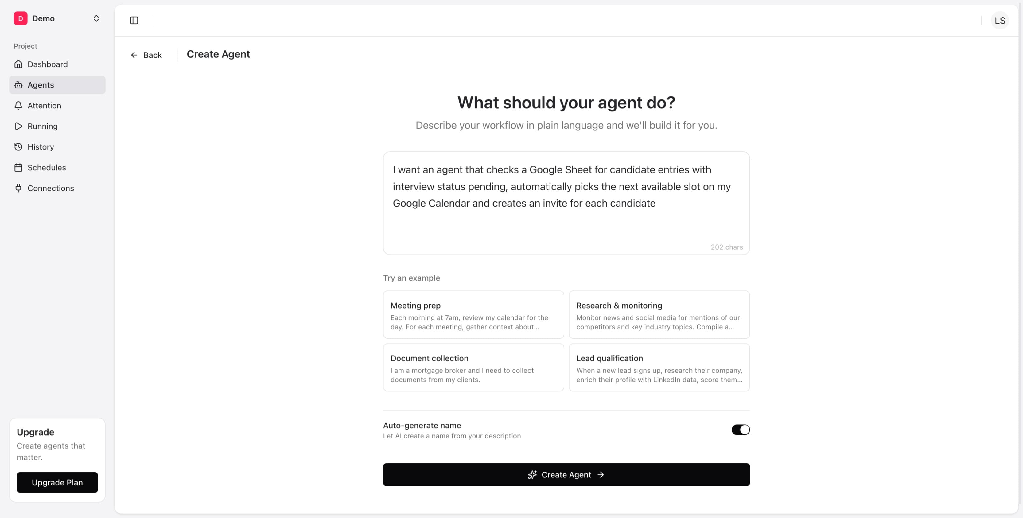 Create Agent page with a workflow description typed in and Create Agent button