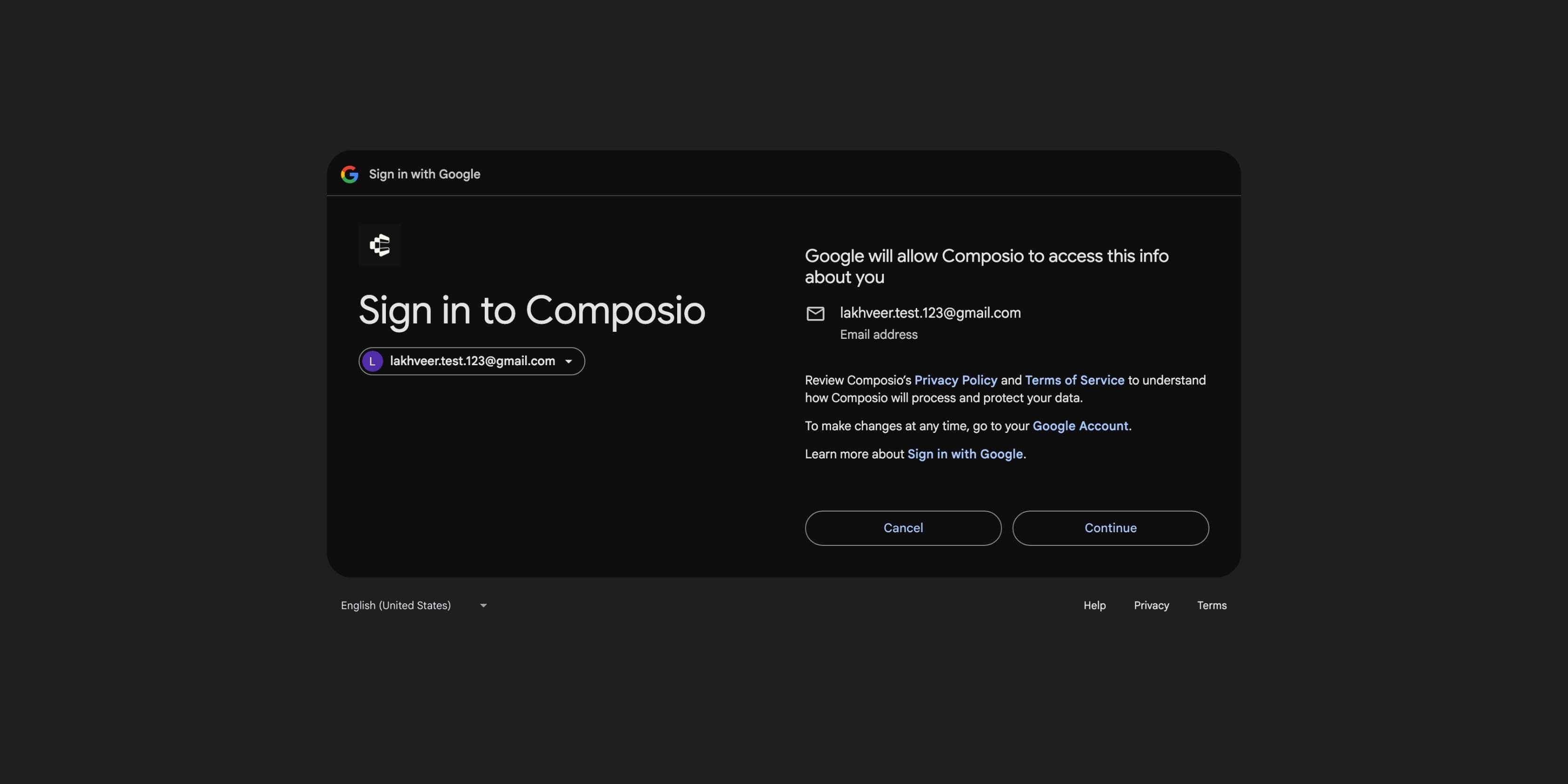 Google Sign in to Composio screen showing account selection with Continue button