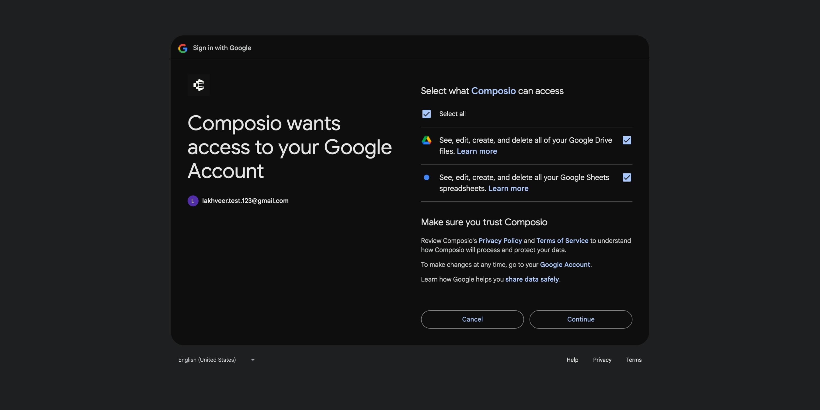Google consent screen showing Composio requesting access to Google Drive files and Google Sheets spreadsheets with Continue button