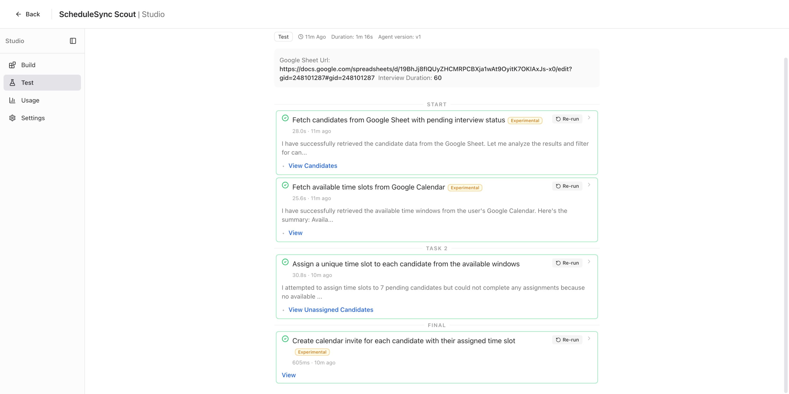 Test run completed showing all steps with green checkmarks and result summaries