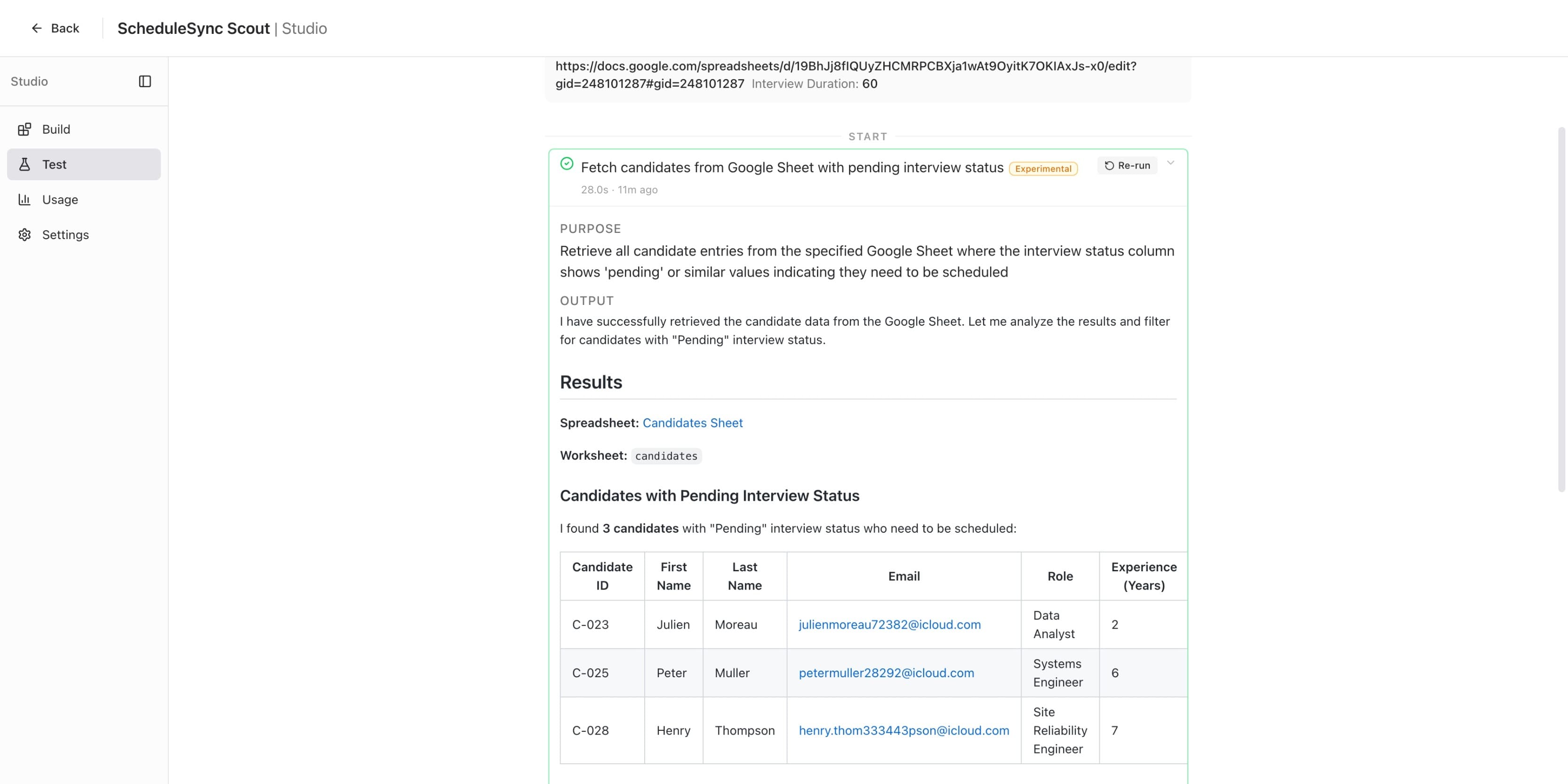 Expanded step detail showing a table of 3 candidates with Pending interview status found from the Google Sheet