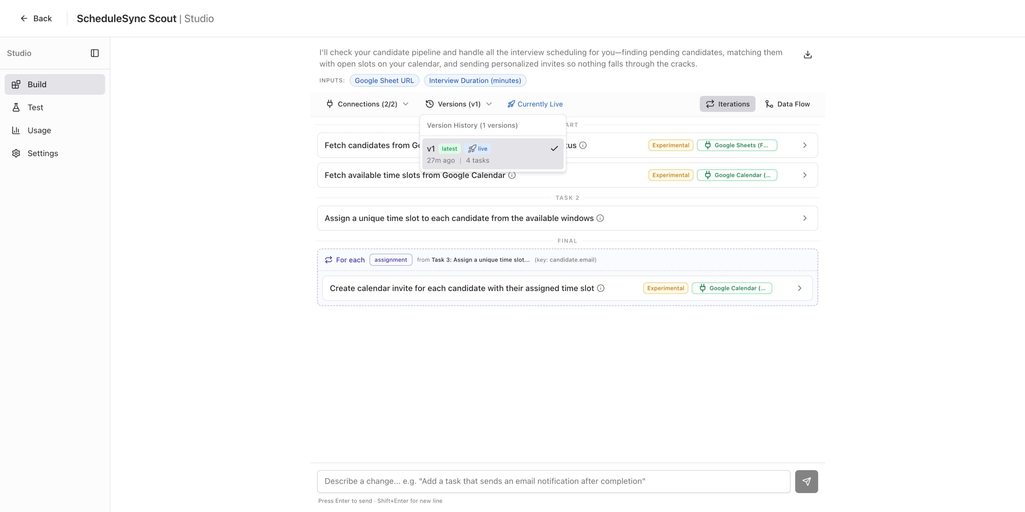 Studio Build tab showing version history dropdown with v1 marked as latest and live