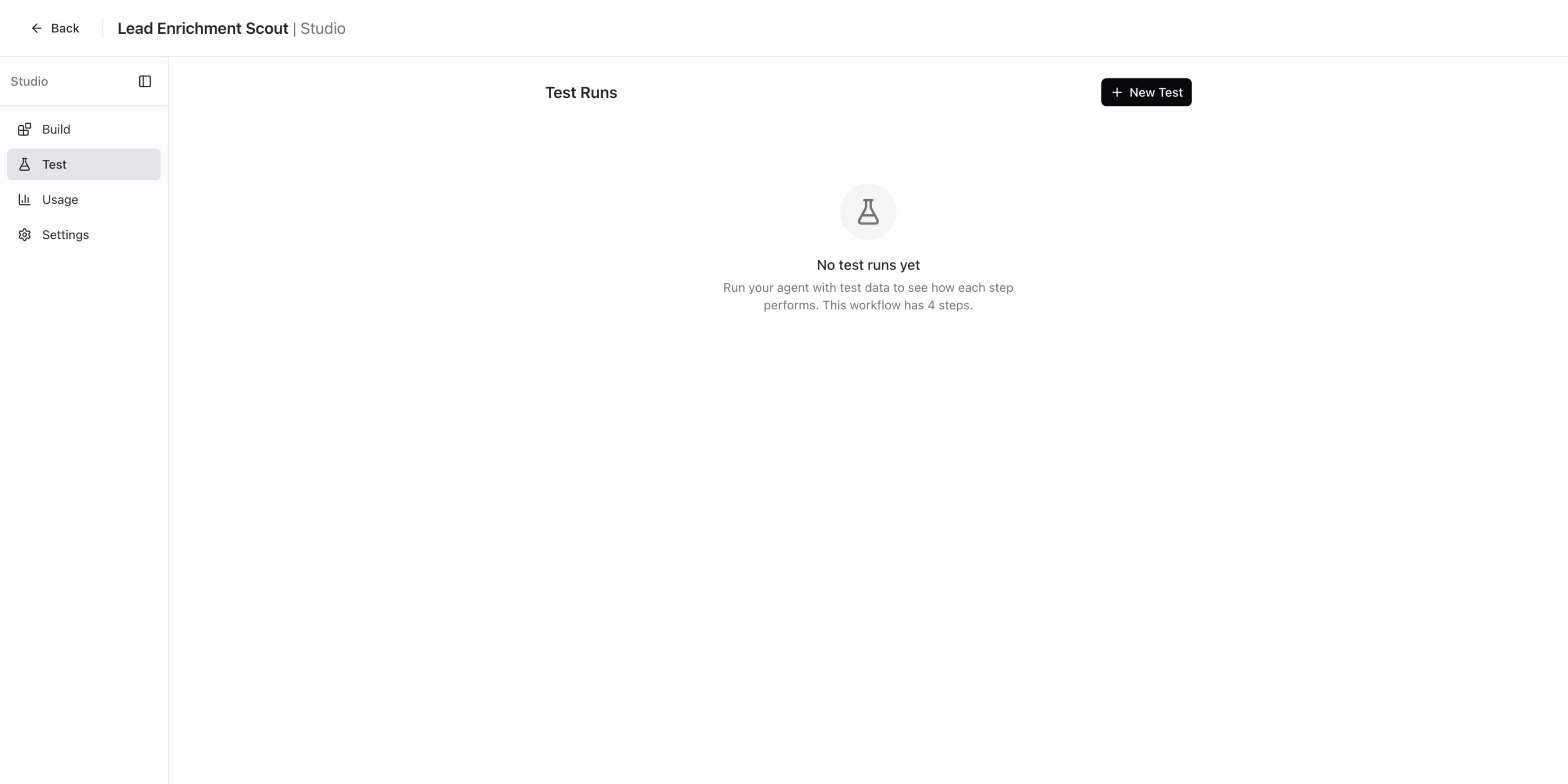 Test tab showing empty state with No test runs yet message and + New Test button