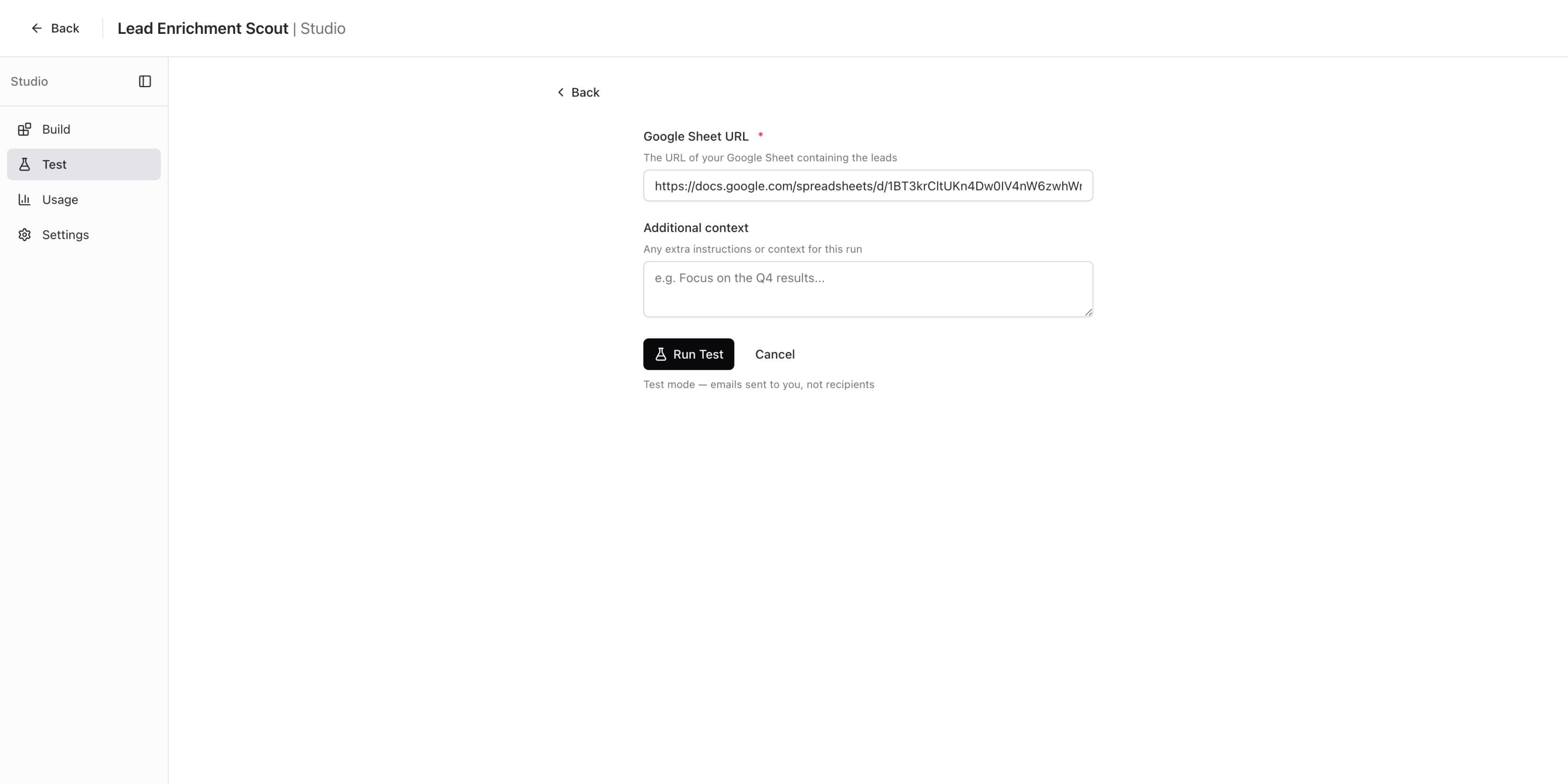 Configure Test form with Google Sheet URL filled in and Additional context field