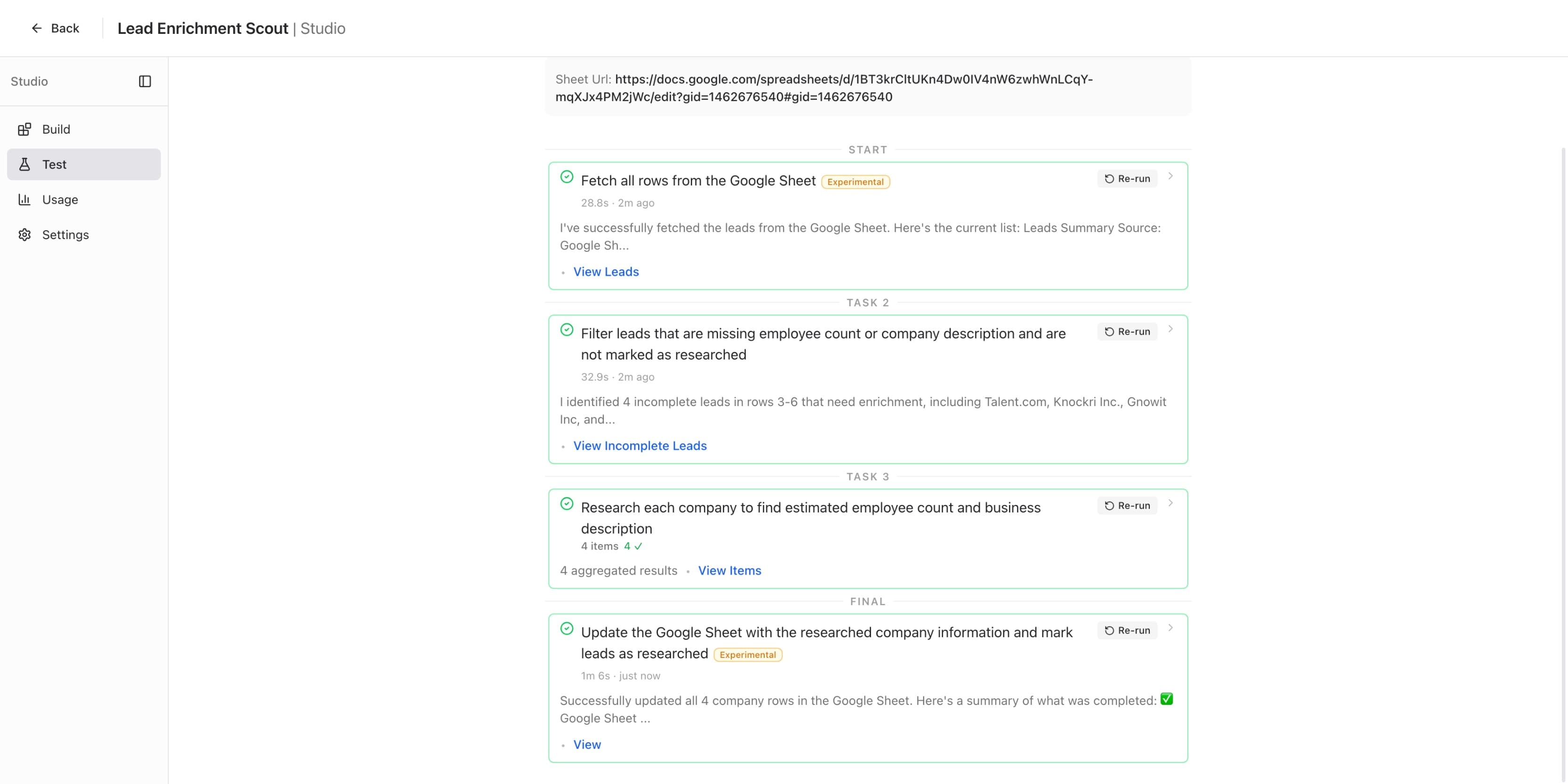 Test run completed showing all four steps with green checkmarks, Re-run buttons, and result summaries
