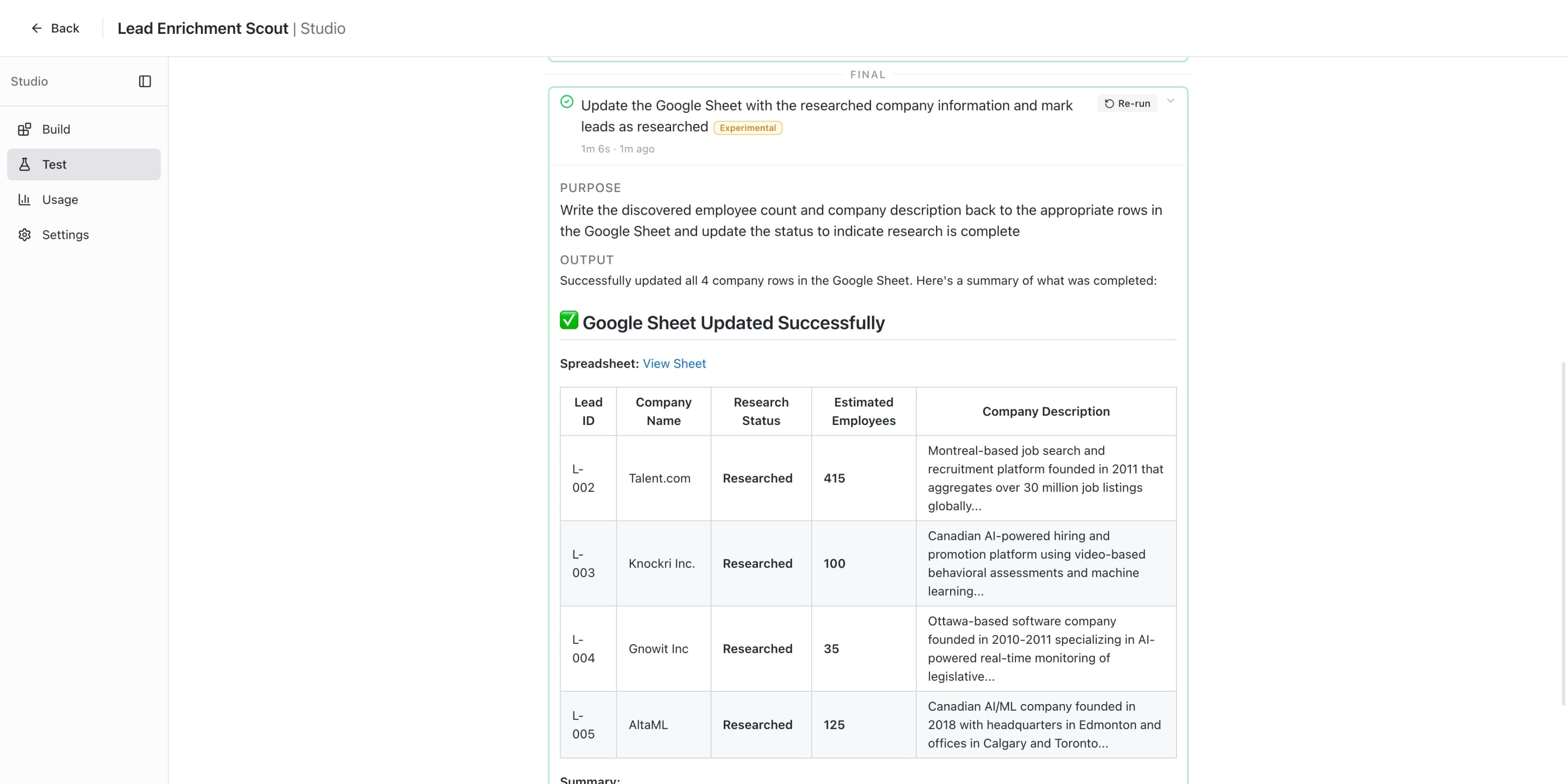 Expanded final step showing Google Sheet Updated Successfully with a table of 4 enriched leads including employee counts and company descriptions