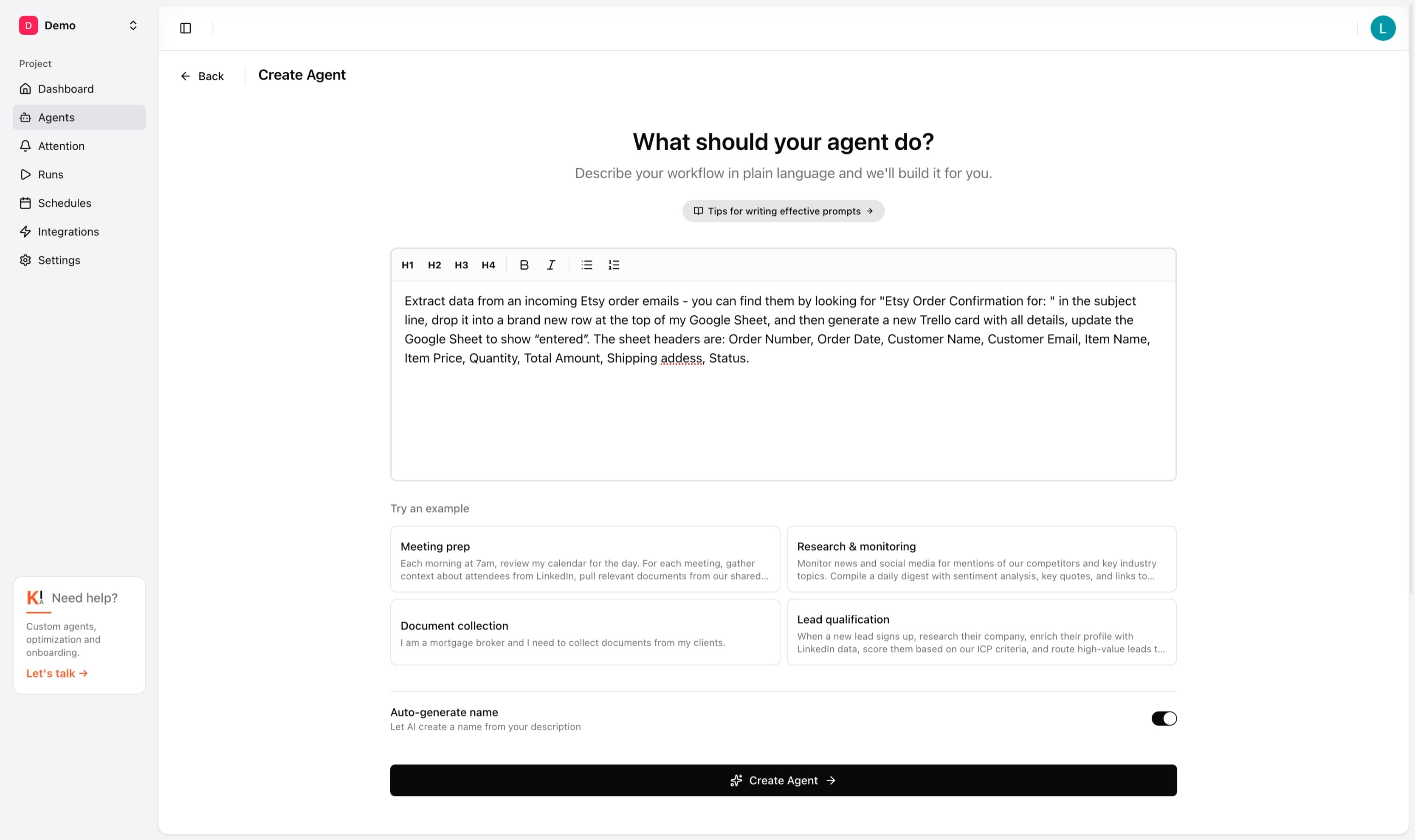 Create Agent page with a detailed prompt specifying Gmail subject filter, all 10 Google Sheet column headers, Trello card creation, and status update value