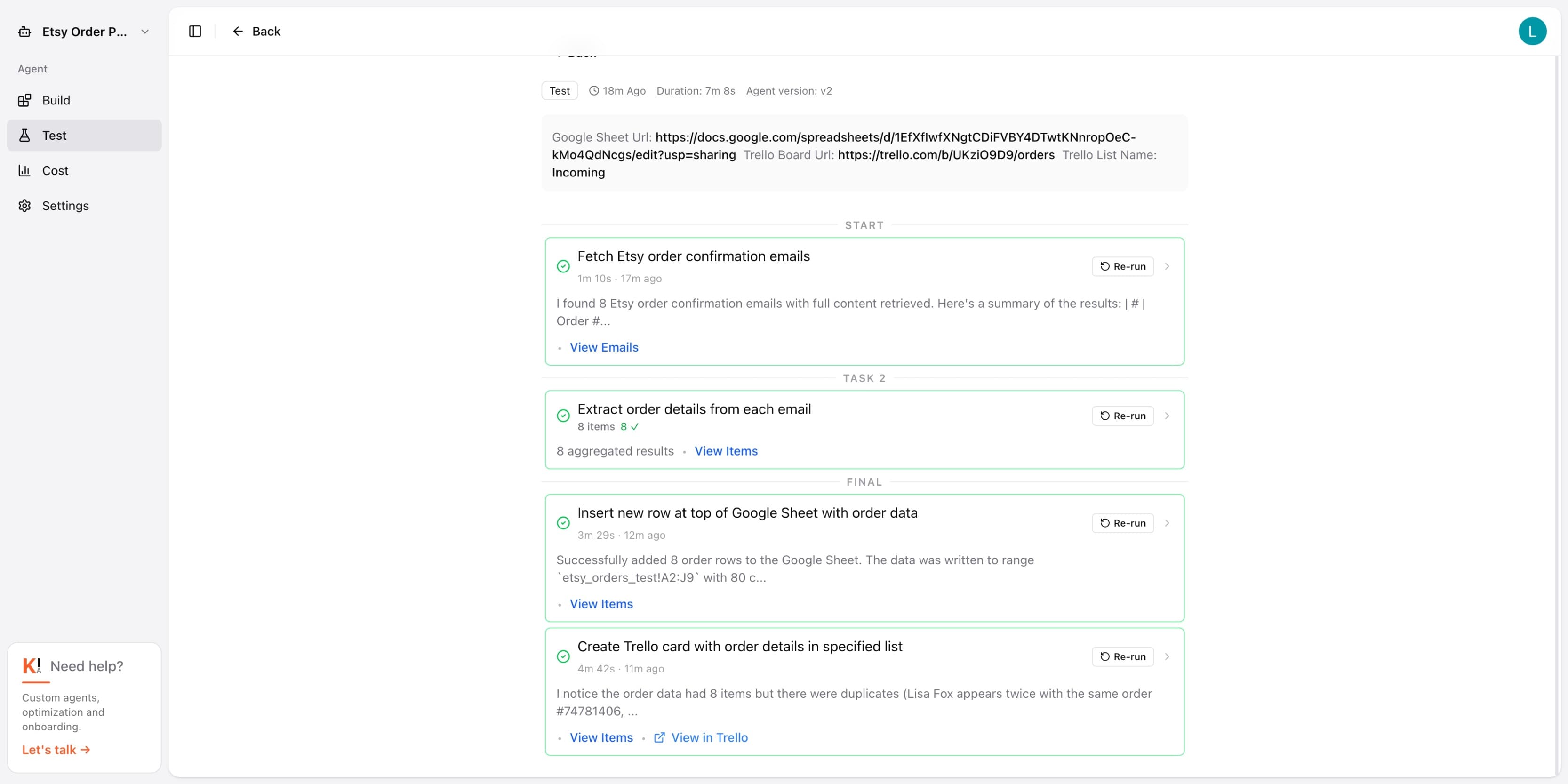 Test tab showing a completed run with all four steps green — 8 emails found, 8 items extracted, 8 rows added to Google Sheet in the correct header columns, and 8 Trello cards created with a View in Trello link