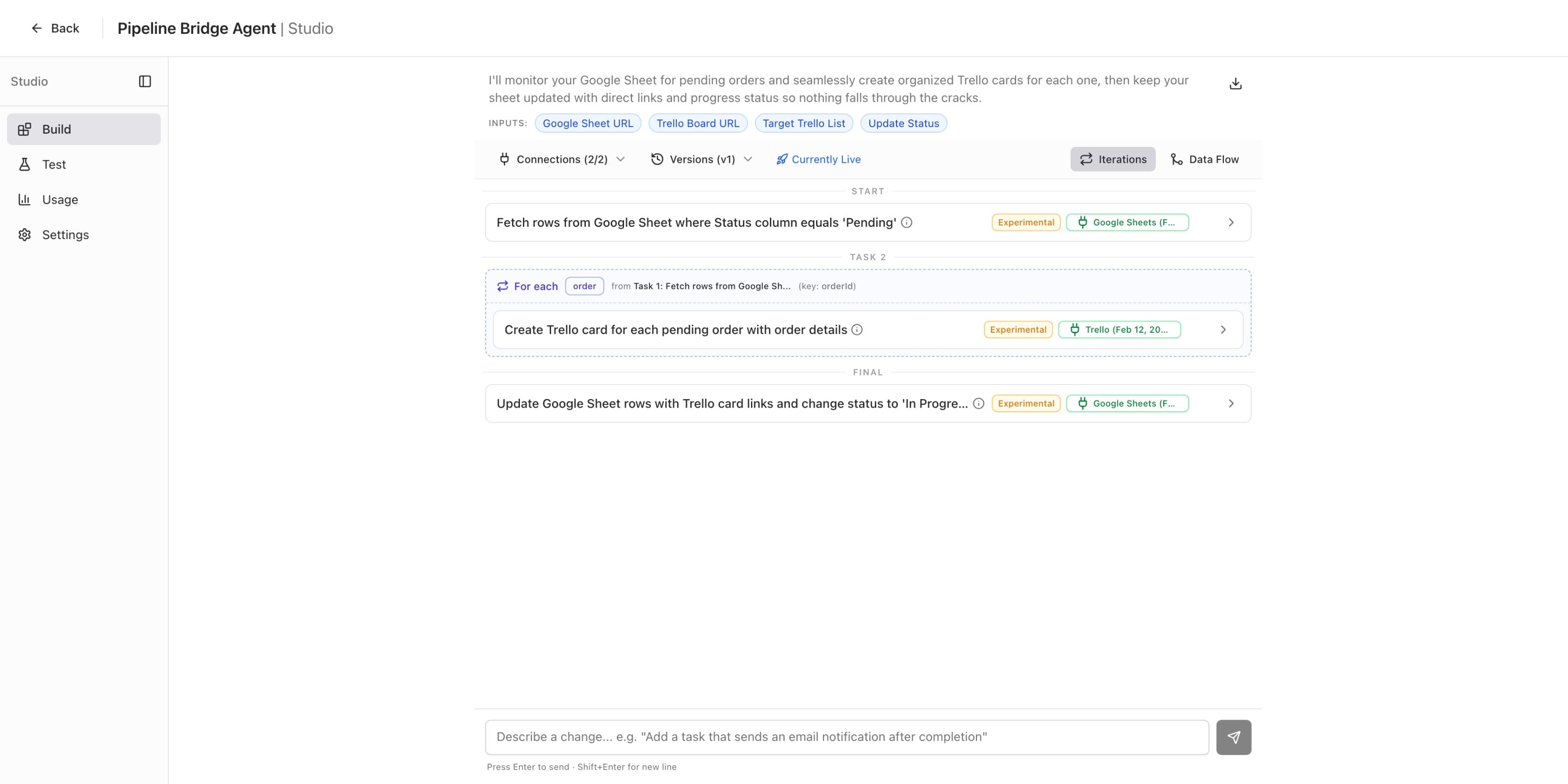 Studio Build tab with Google Sheets and Trello connected showing green badges and Connections 2/2