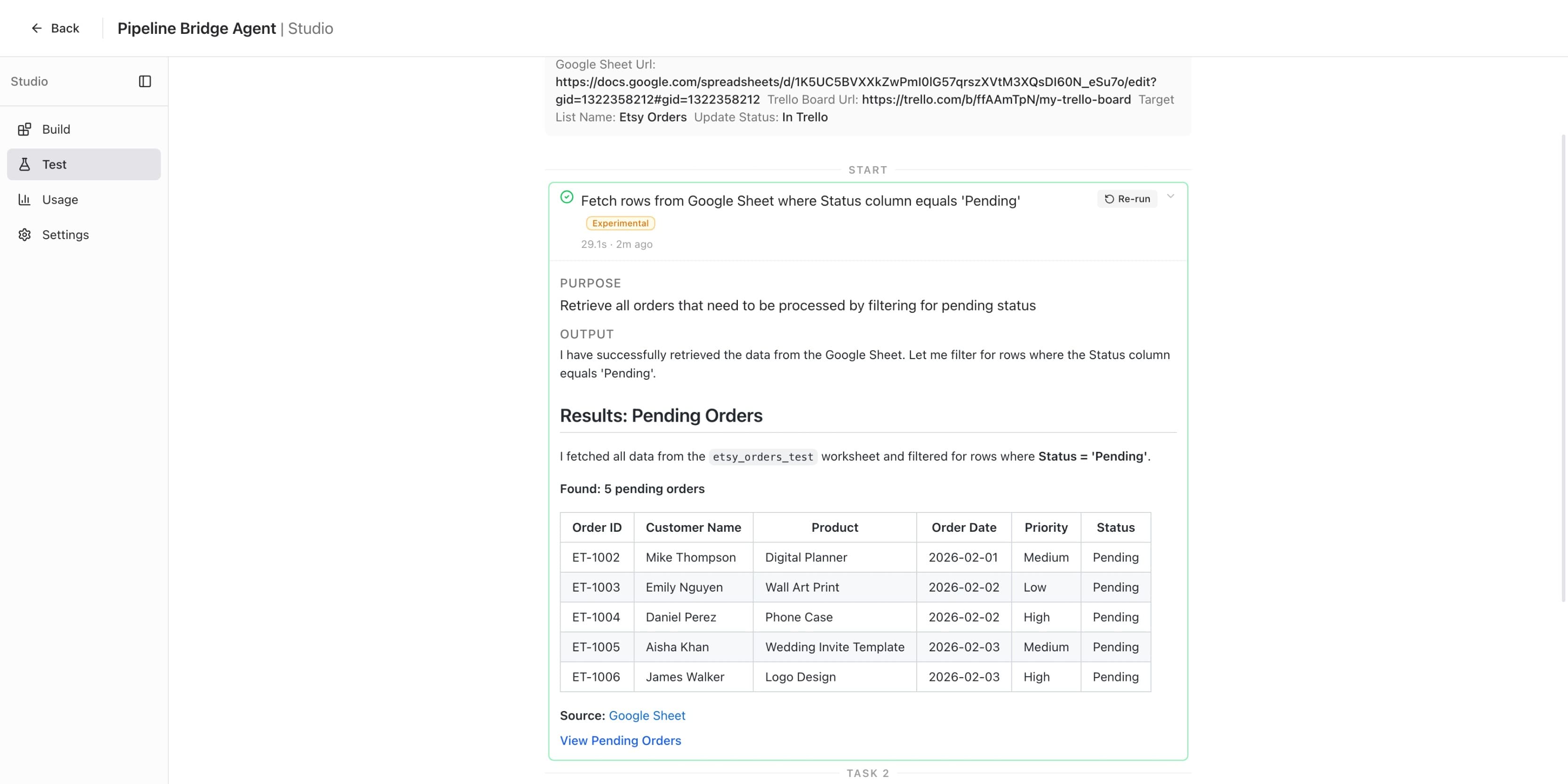Expanded first step showing a table of 5 pending Etsy orders with Order ID, Customer Name, Product, Order Date, Priority, and Status columns