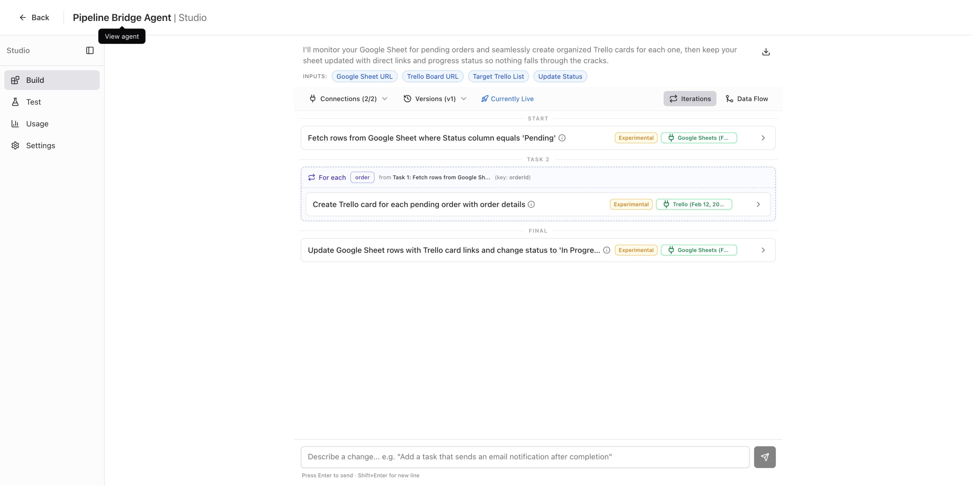 Studio Build tab showing View agent tooltip on the agent name link for navigation back