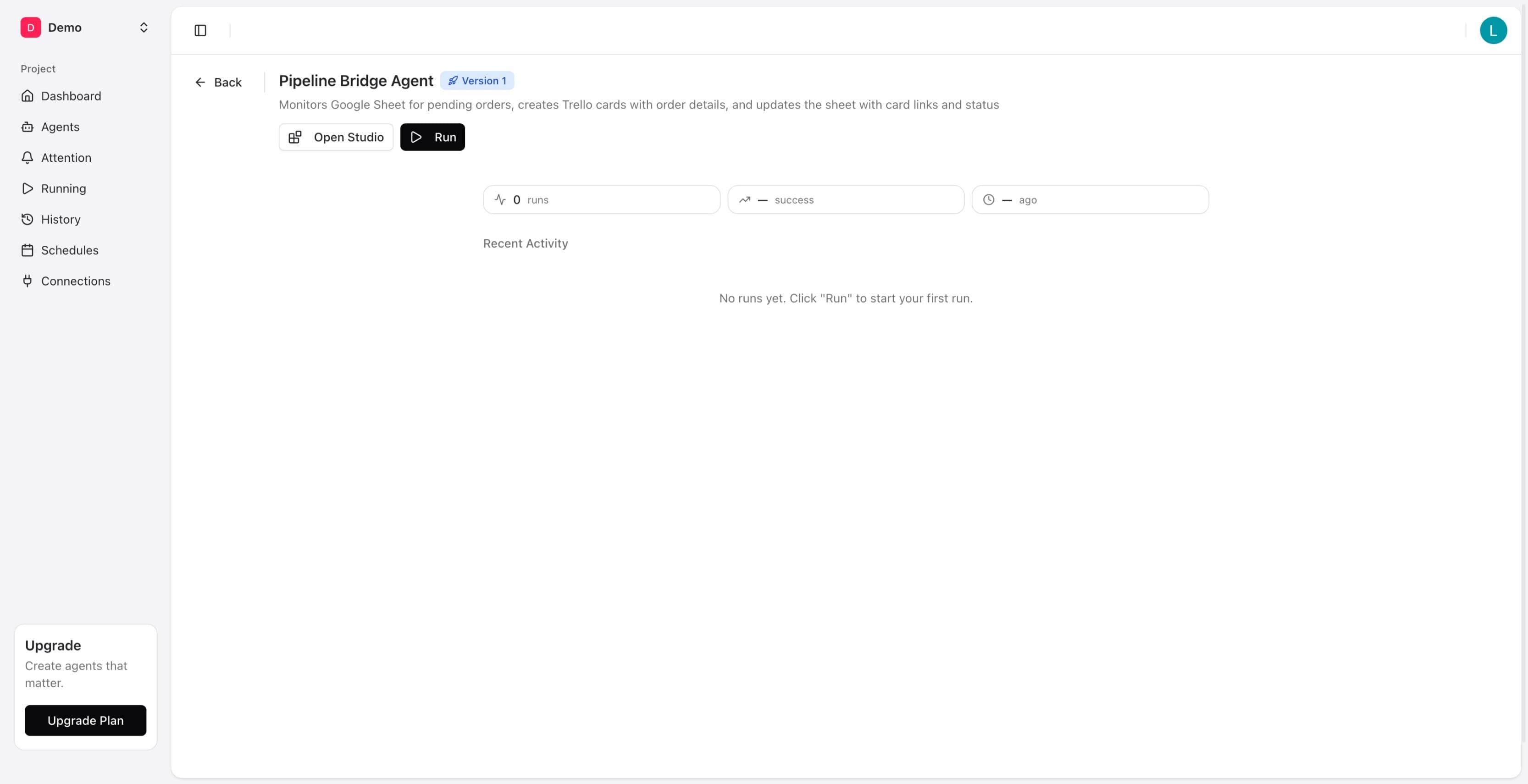 Agent detail page showing Pipeline Bridge Agent with Version 1 badge, Open Studio and Run buttons