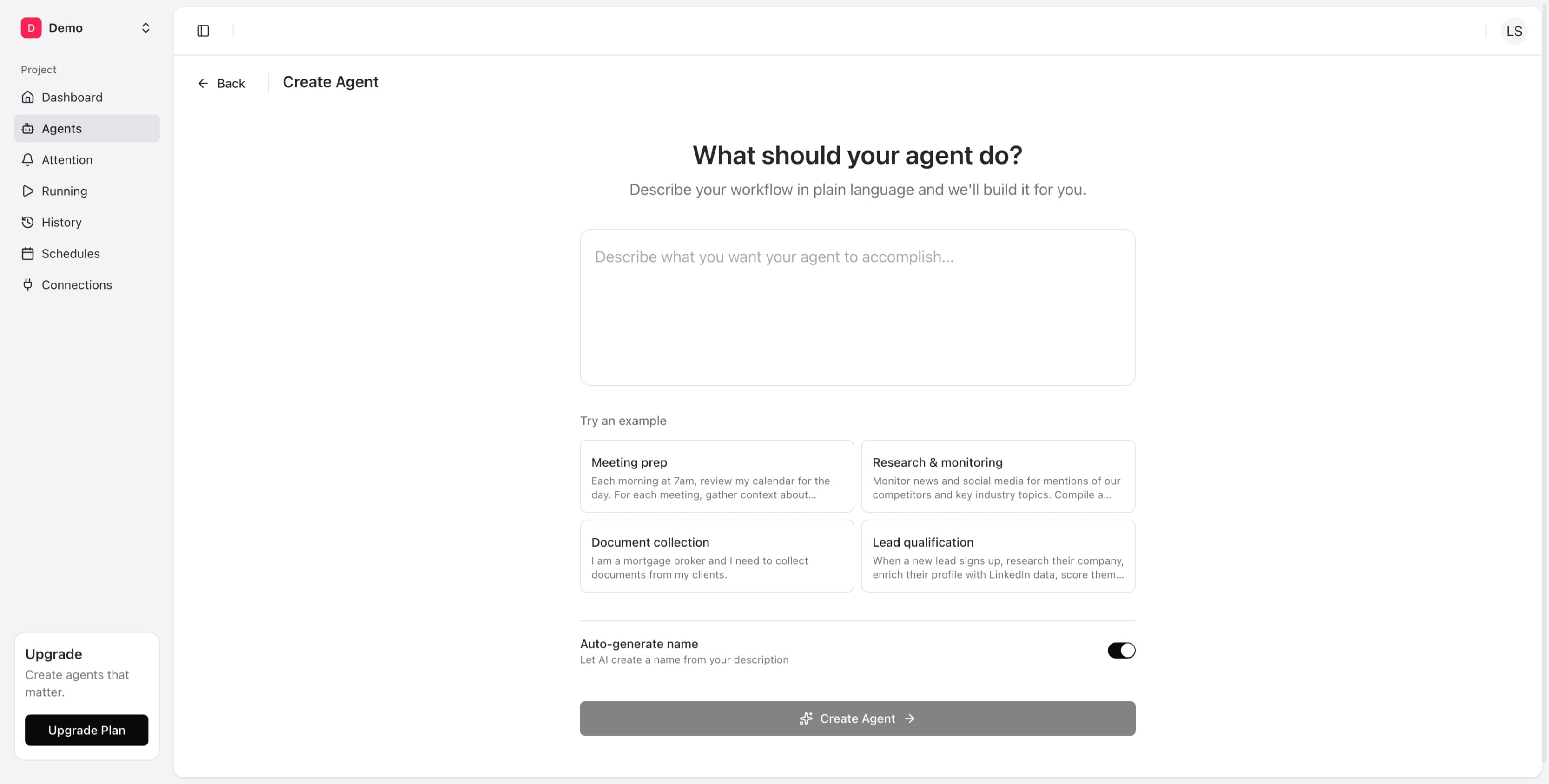 Create Agent page showing description field and example templates