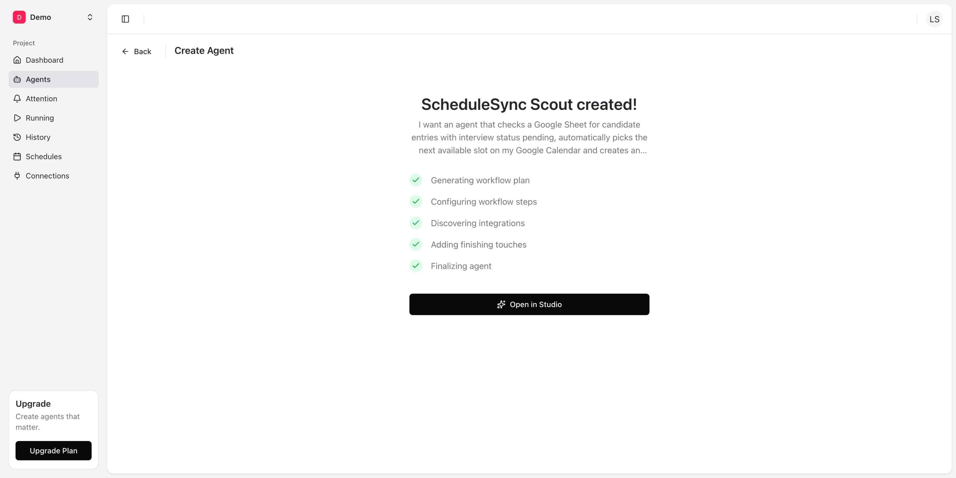 Agent creation completed showing all checklist items with green checkmarks and Open in Studio button