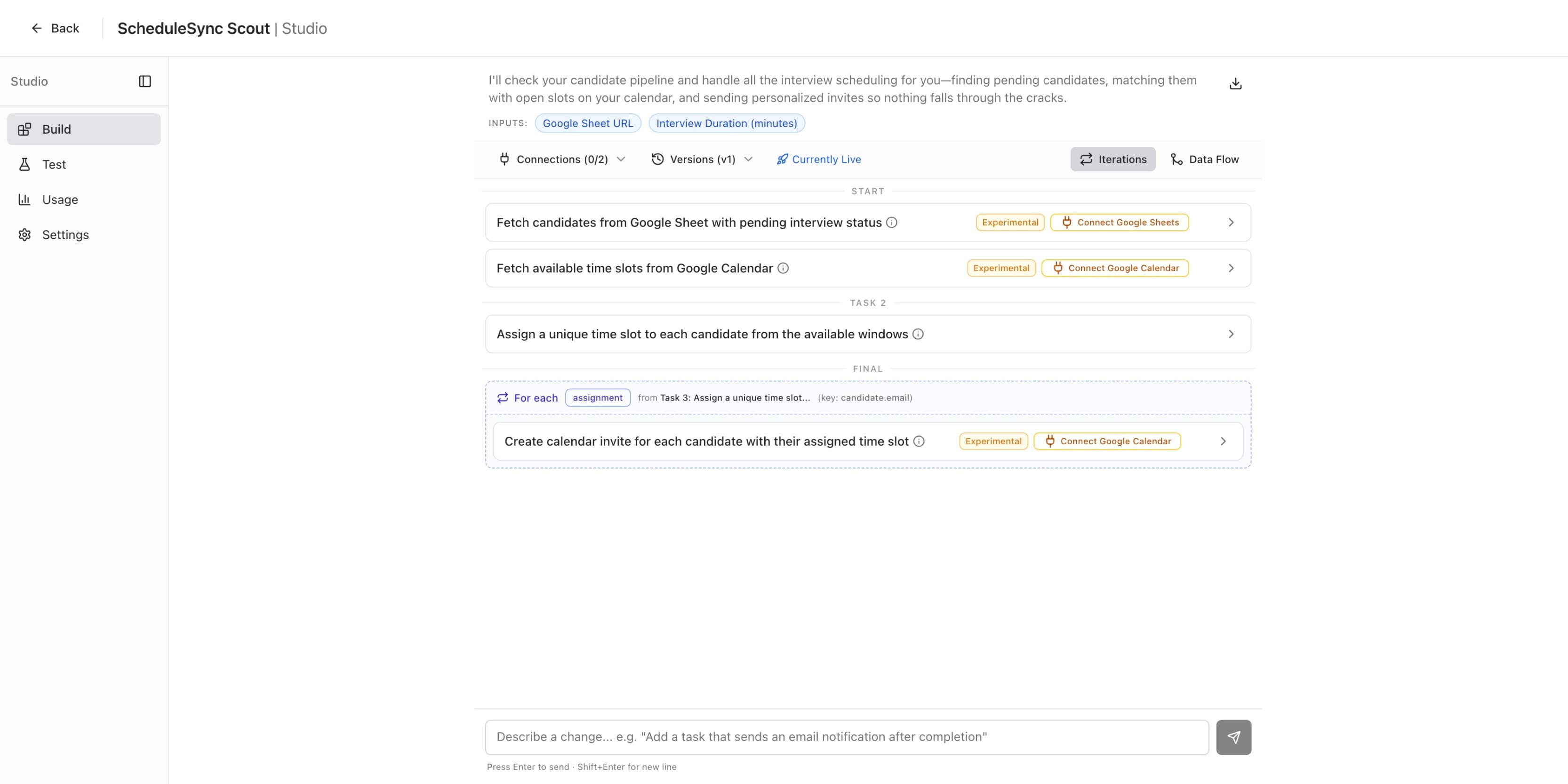 Studio Build tab showing agent steps with orange Connect badges and input bar at the bottom
