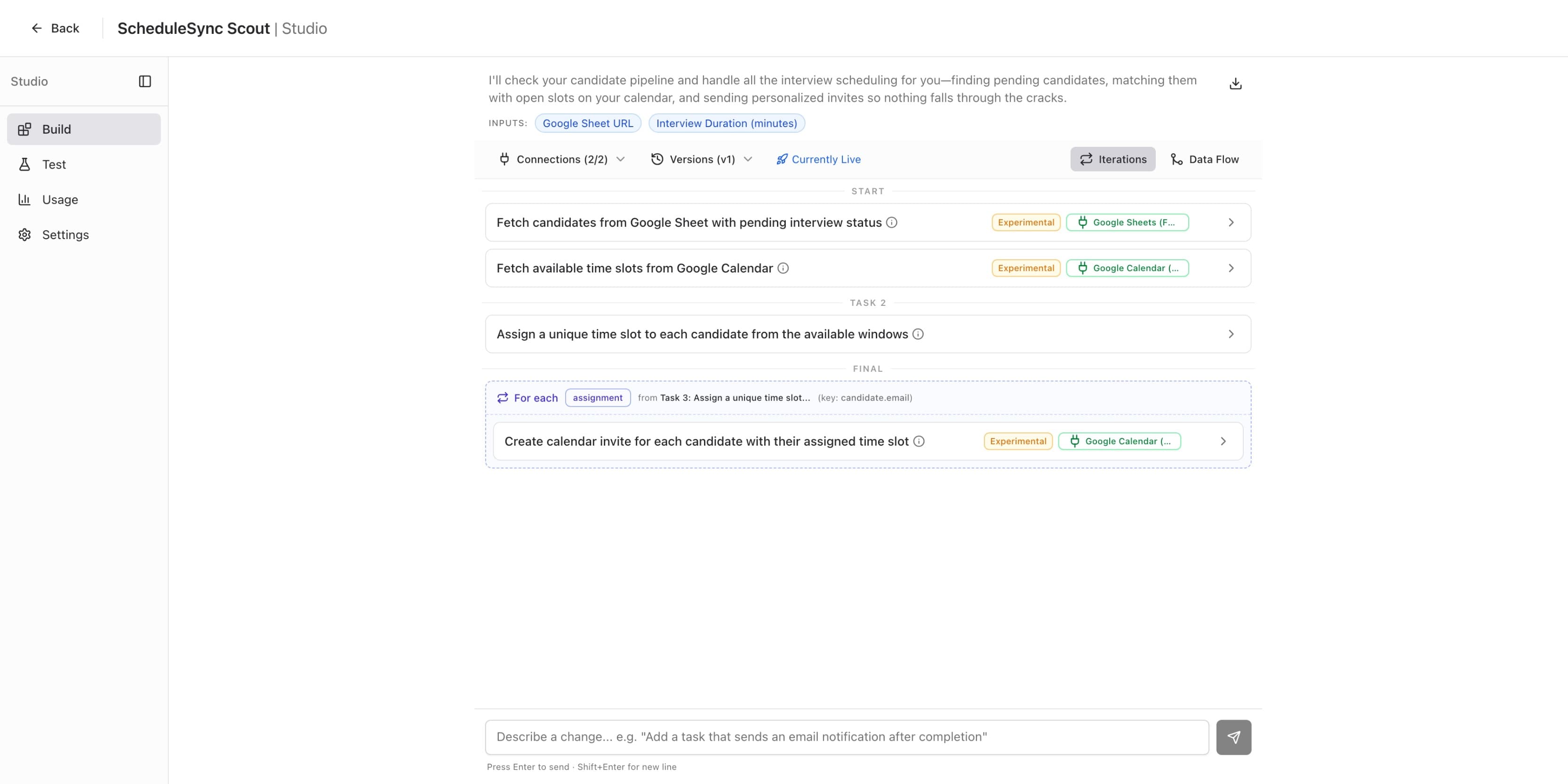 Studio Build tab with all apps connected showing green badges and Connections 2/2