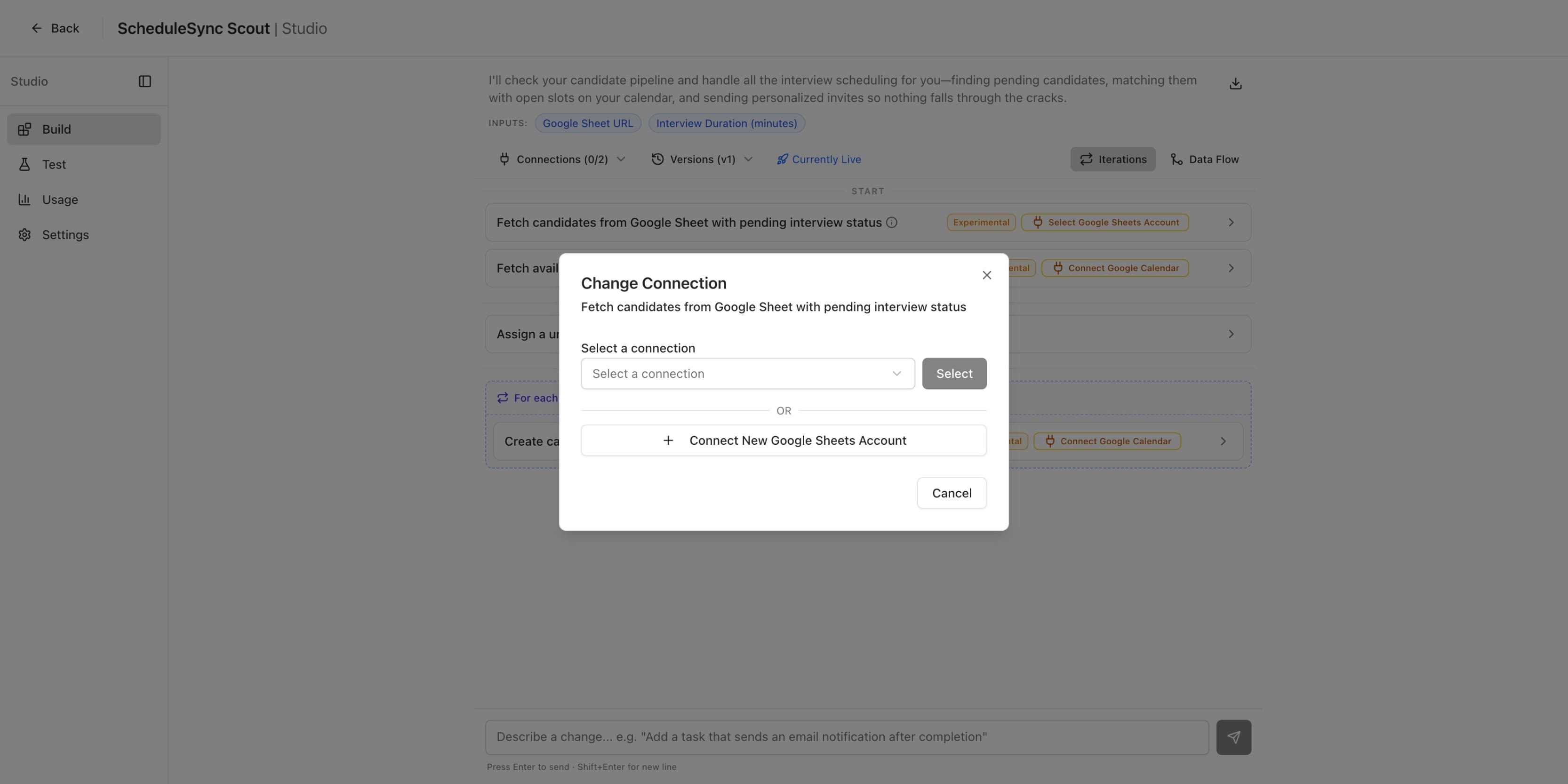 Change Connection dialog showing a dropdown to select from connected accounts or connect a new Google Sheets account