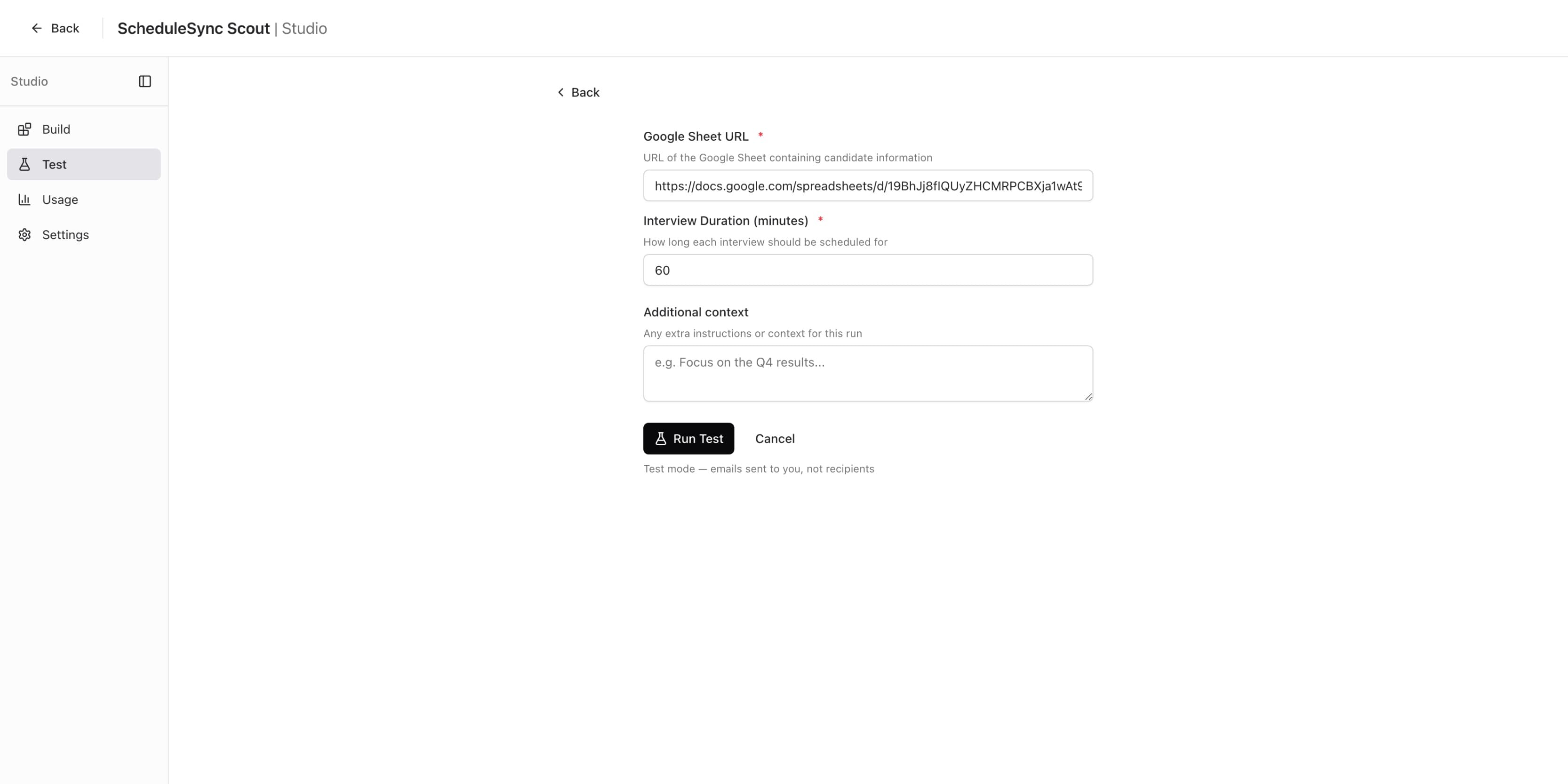 Configure Test form with input fields and Run Test button