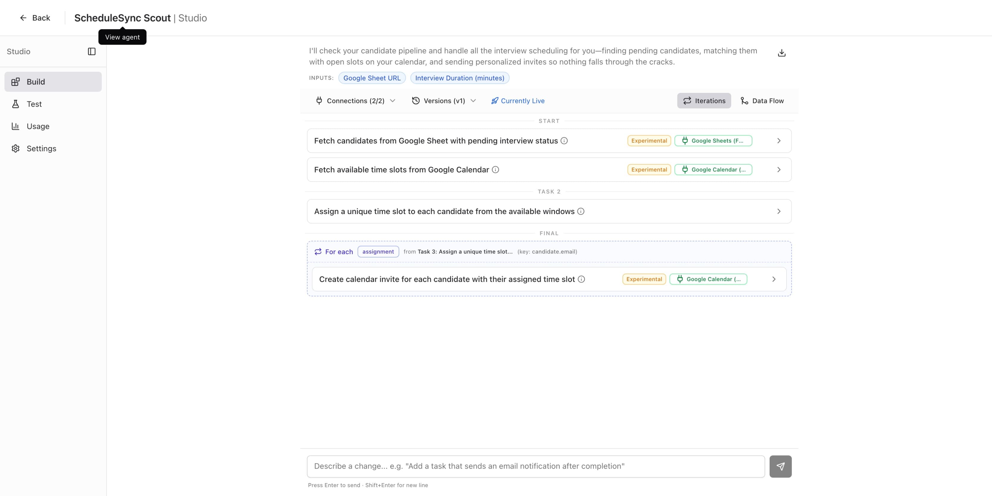 Studio Build tab showing View agent tooltip on the agent name link for navigation back