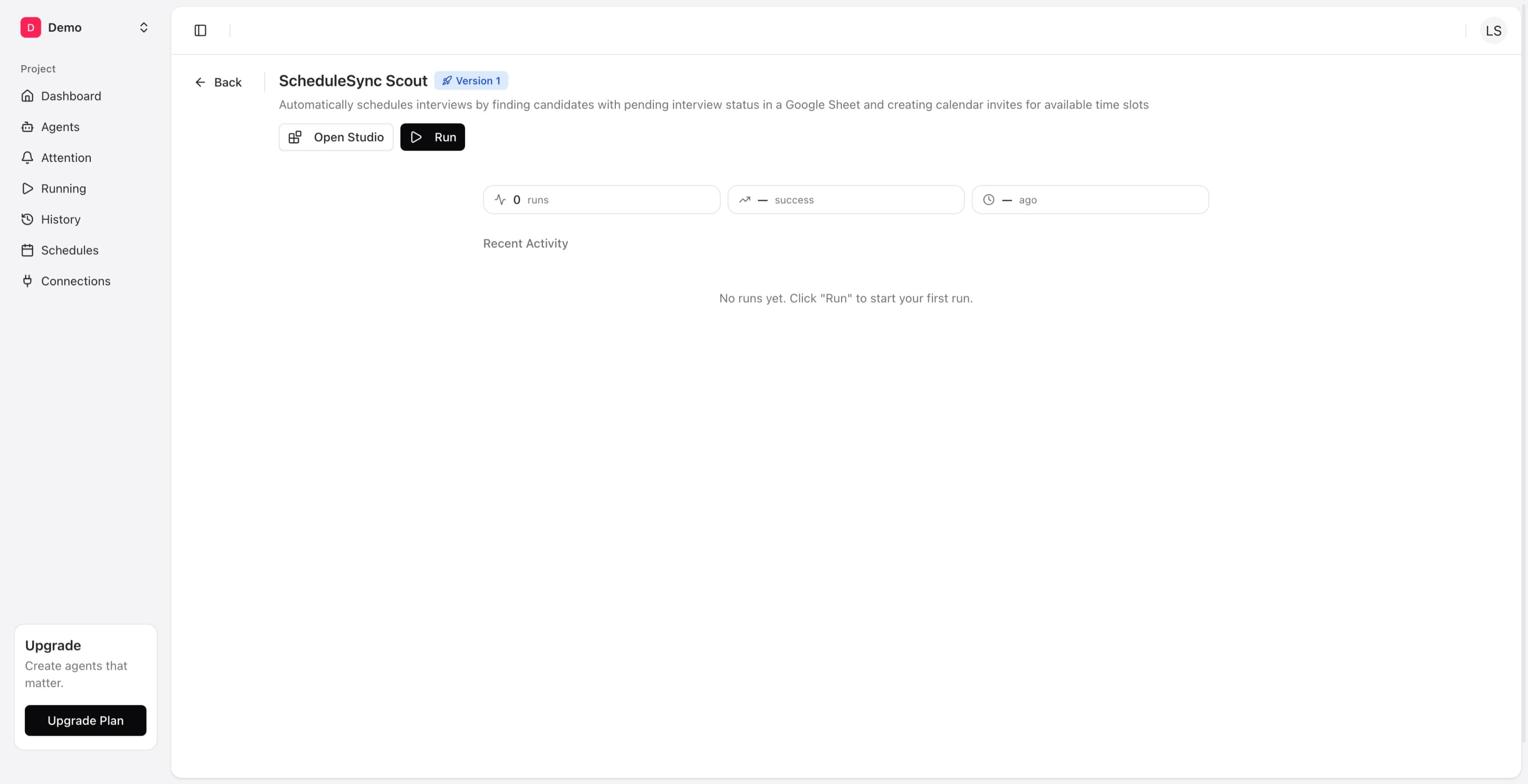 Agent detail page showing agent with Version 1 badge, Open Studio and Run buttons