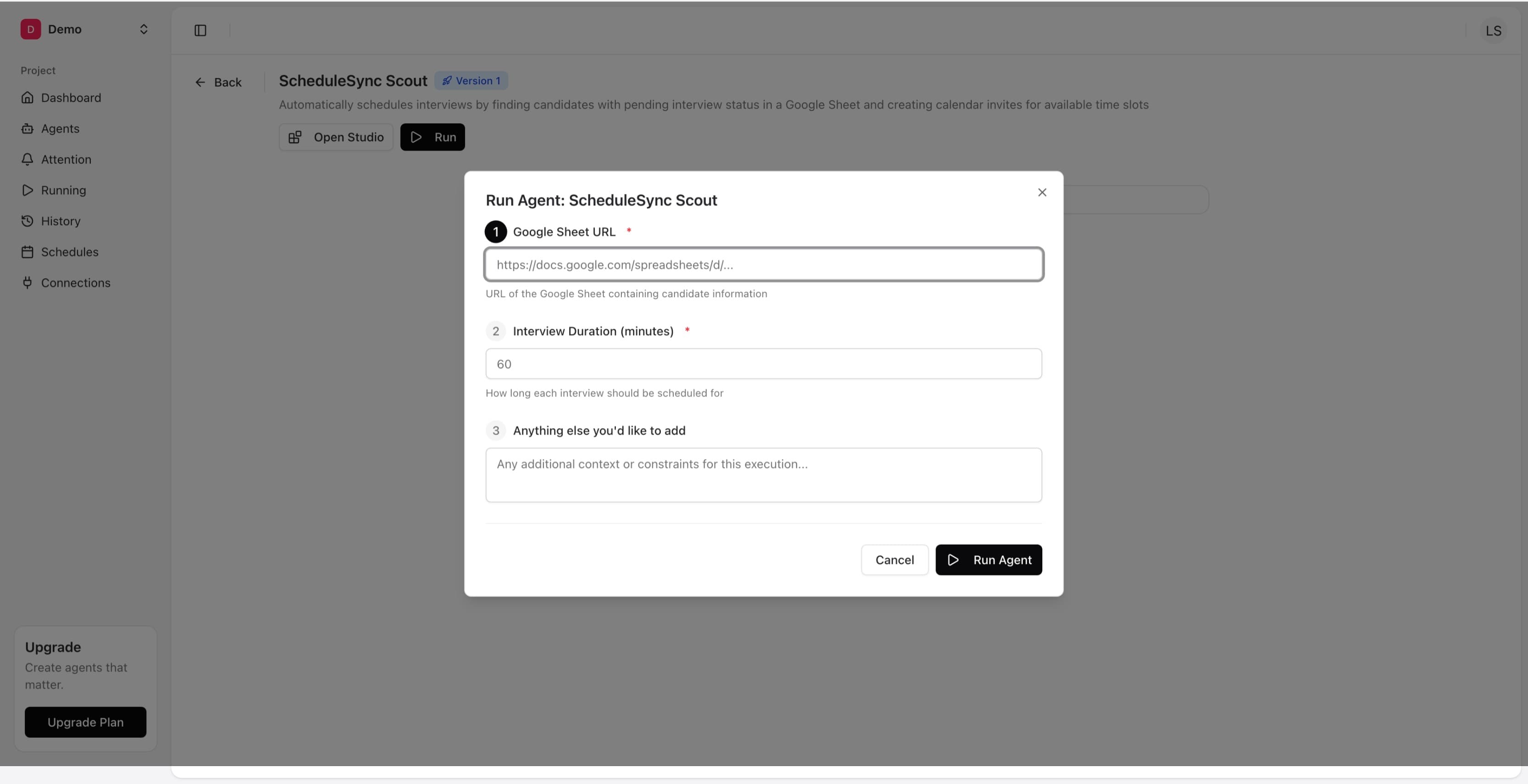 Run Agent dialog with input fields and Run Agent button