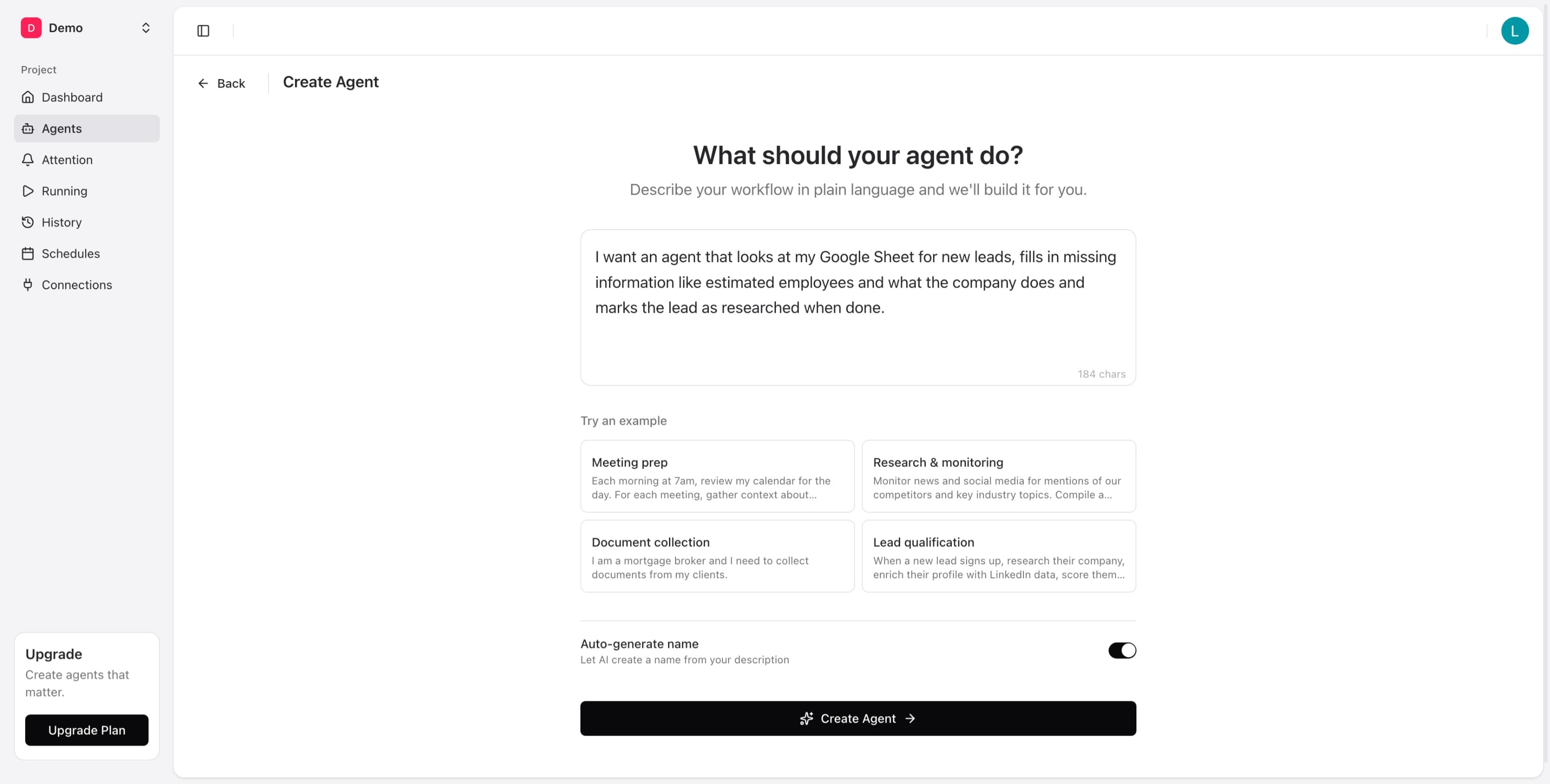 Create Agent page with the lead enrichment prompt typed in and Create Agent button