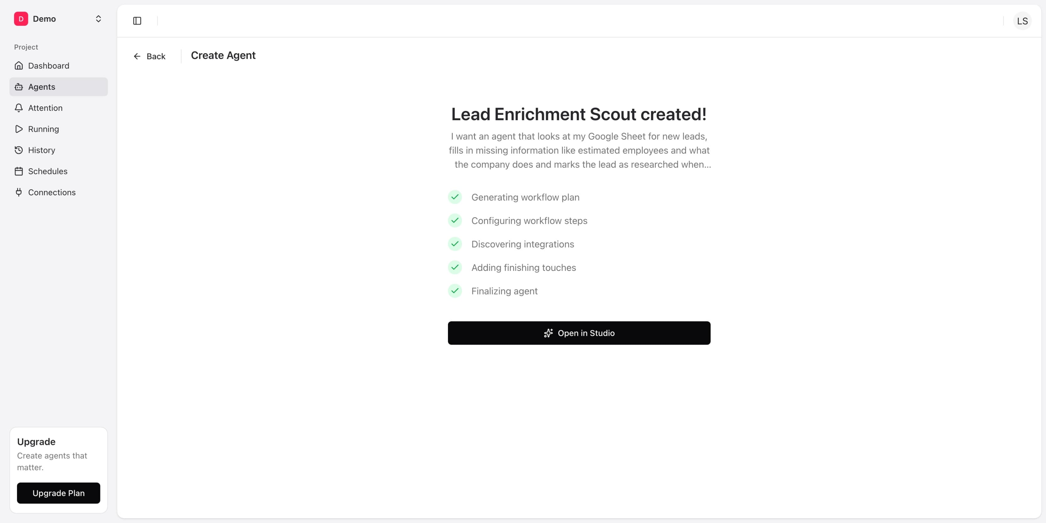 Lead Enrichment Scout created showing all checklist items with green checkmarks and Open in Studio button