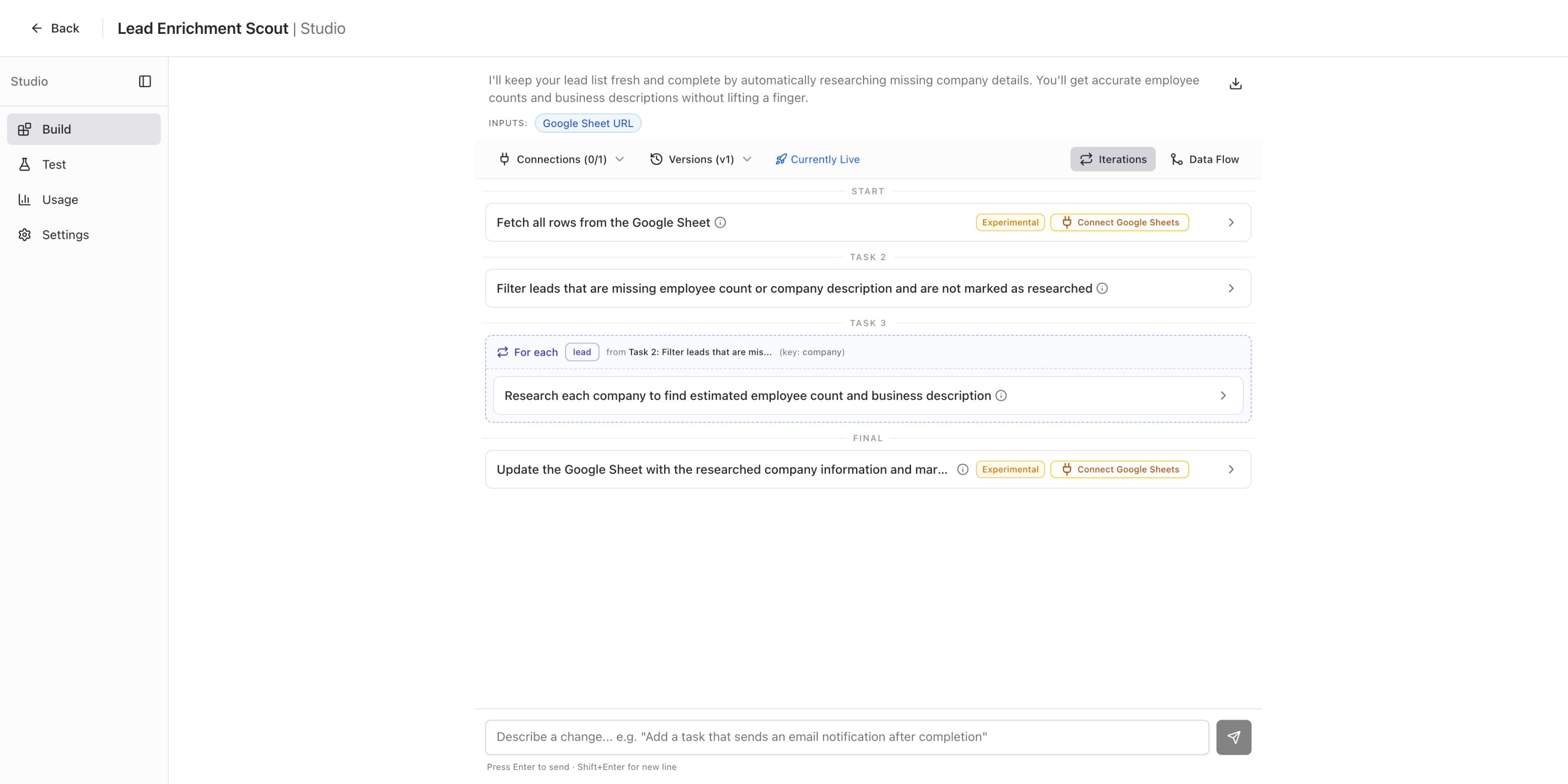 Studio Build tab showing Lead Enrichment Scout steps with orange Connect Google Sheets badges and Connections 0/1