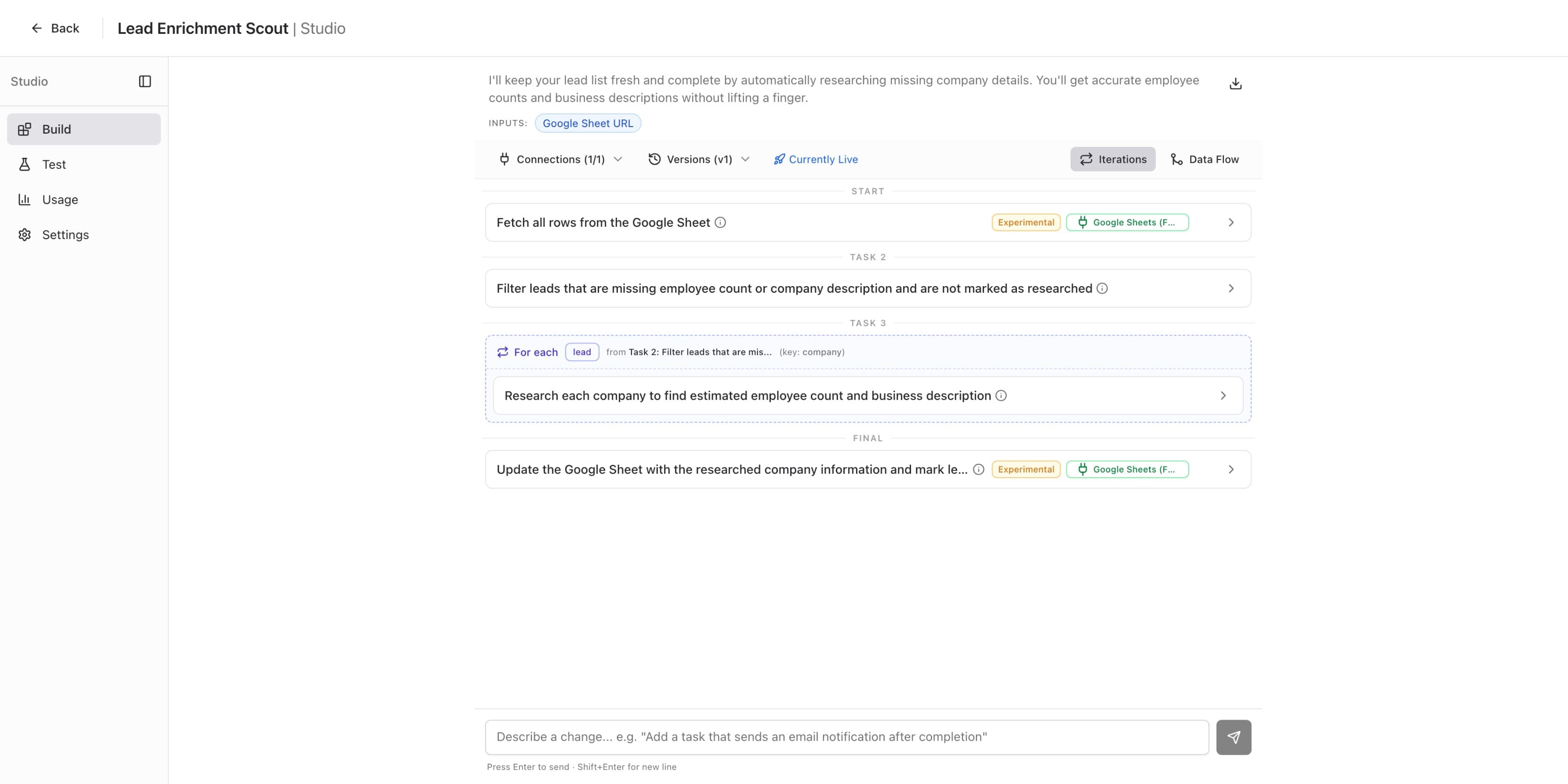 Studio Build tab with Google Sheets connected showing green badges and Connections 1/1