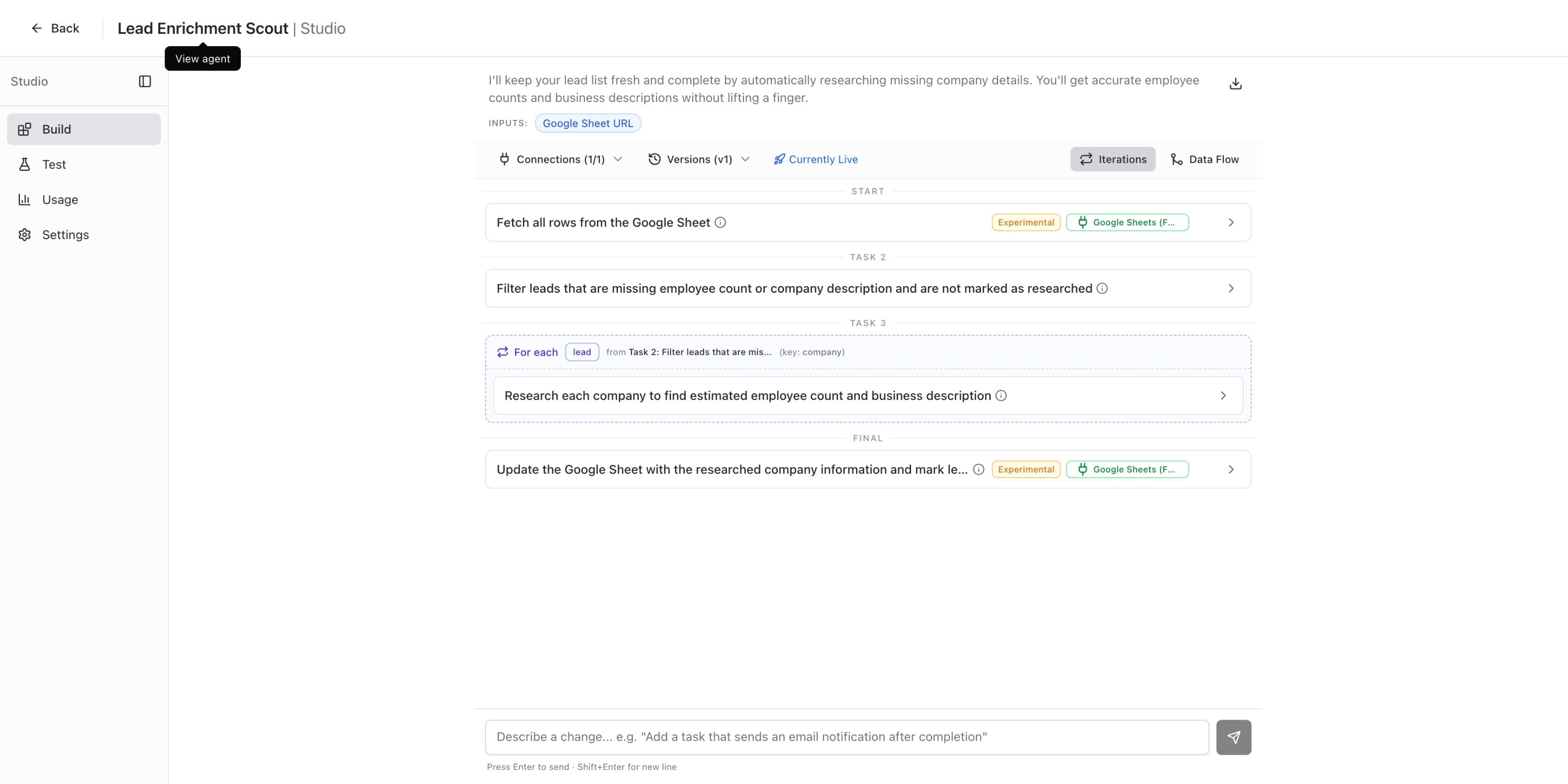 Studio Build tab showing View agent tooltip on the agent name link for navigation back