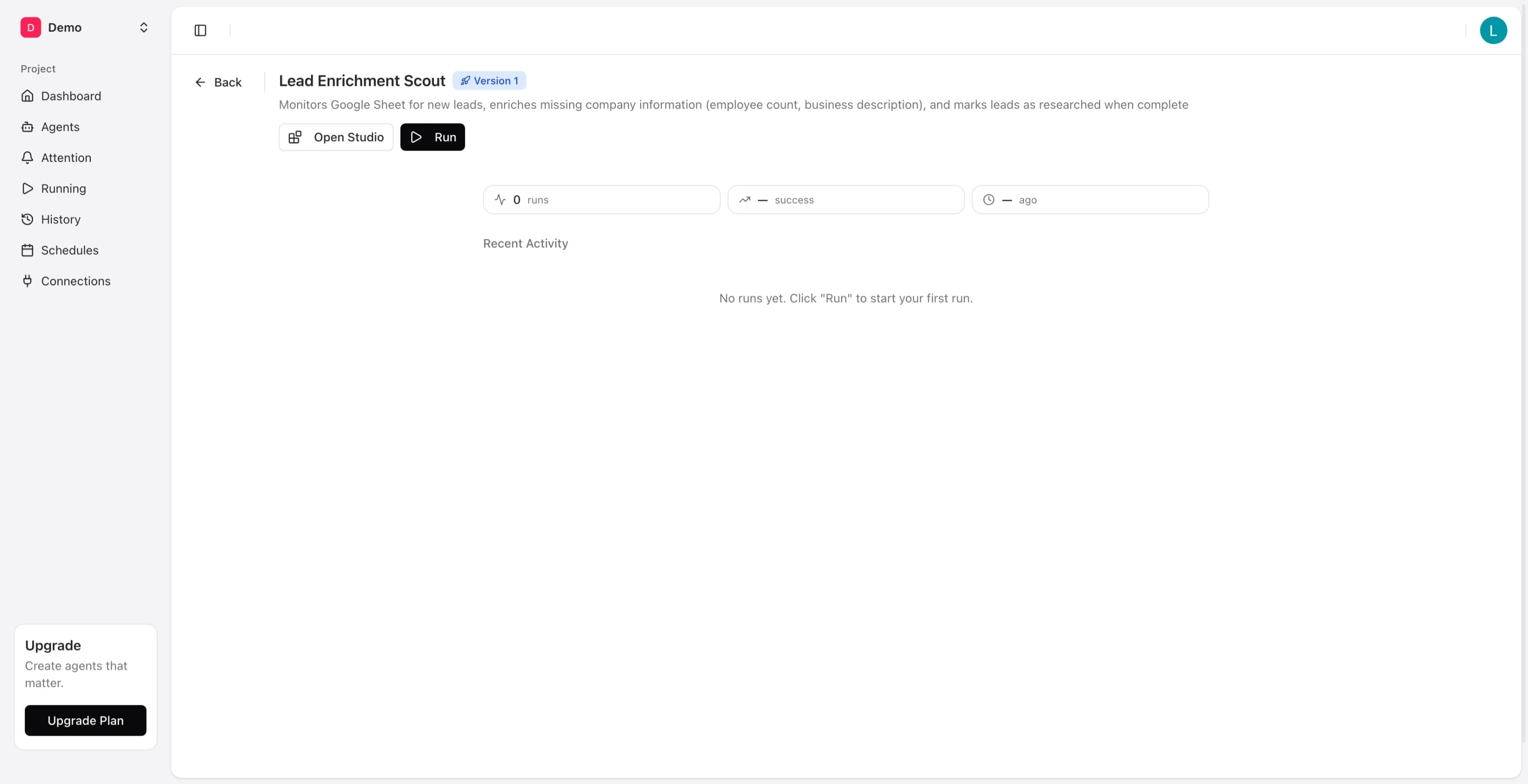 Agent detail page showing Lead Enrichment Scout with Version 1 badge, Open Studio and Run buttons