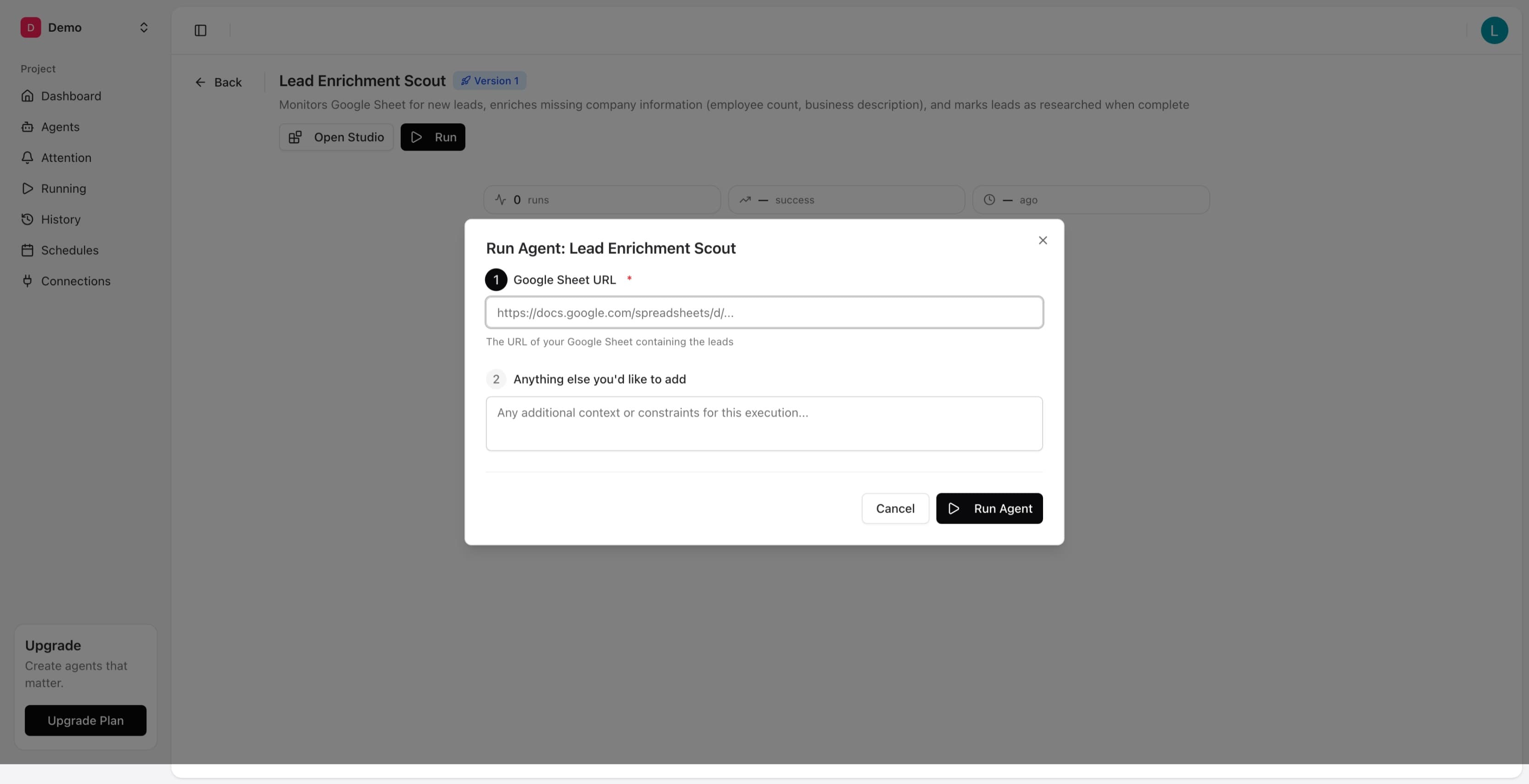 Run Agent dialog with Google Sheet URL field and additional context