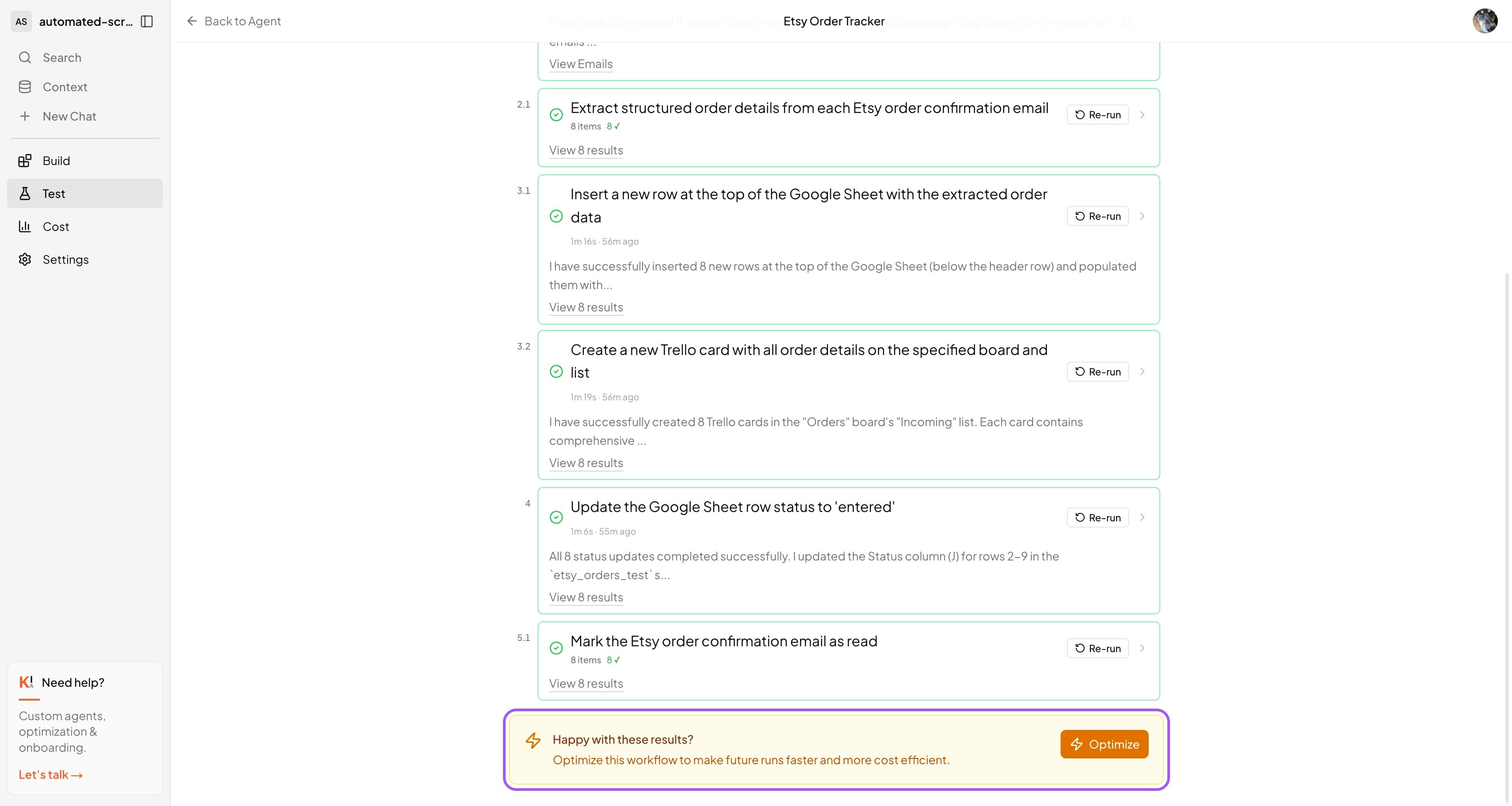 Amber Optimize Workflow banner with Zap icon showing: Happy with these results? Optimize this workflow to make future runs faster and more cost efficient