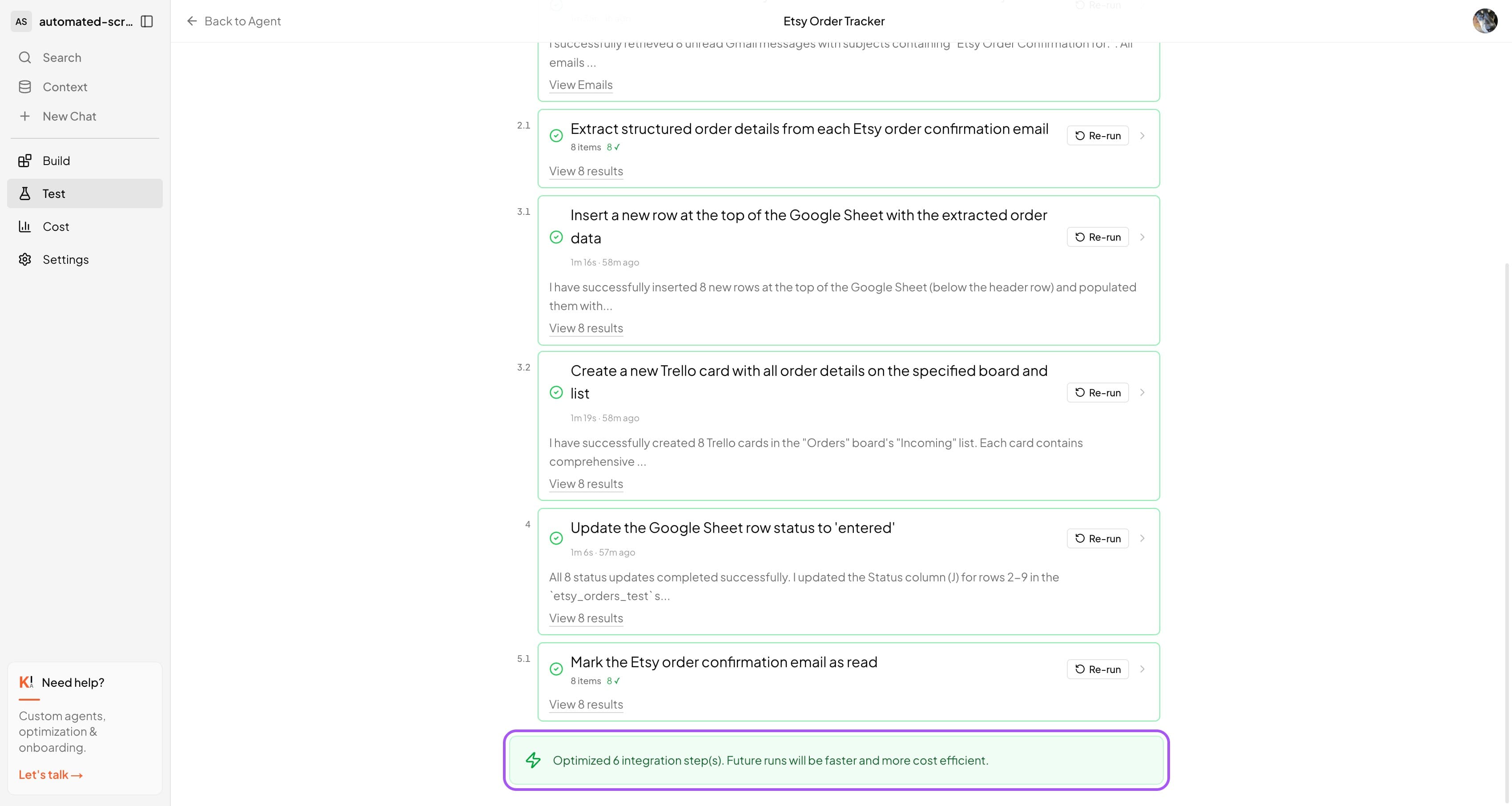 Green success banner showing: Optimized 3 integration step(s). Future runs will be faster and more cost efficient