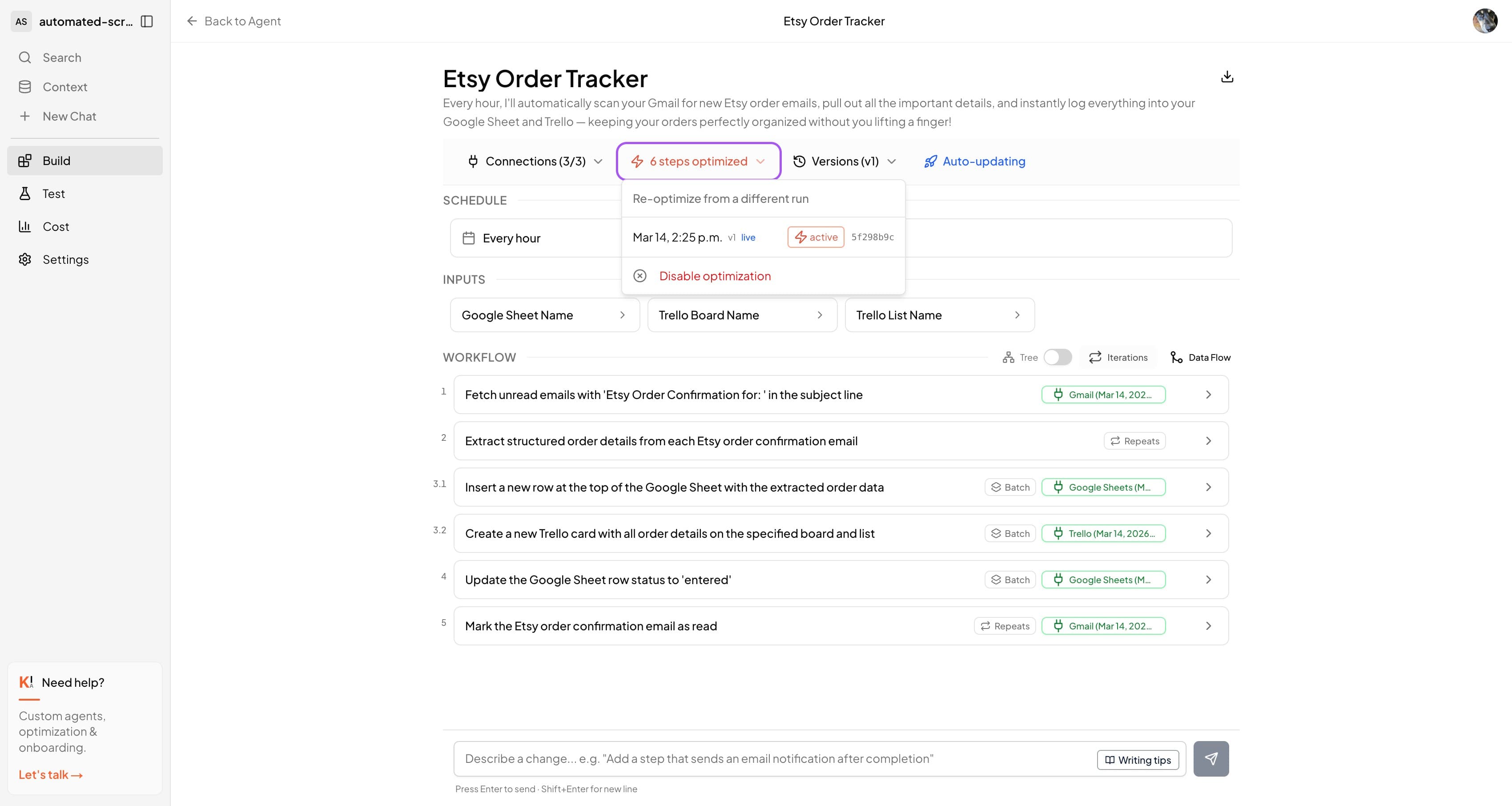 Build tab toolbar with Zap button showing '3 steps optimized' and dropdown open listing completed runs with active, compiled, and live badges