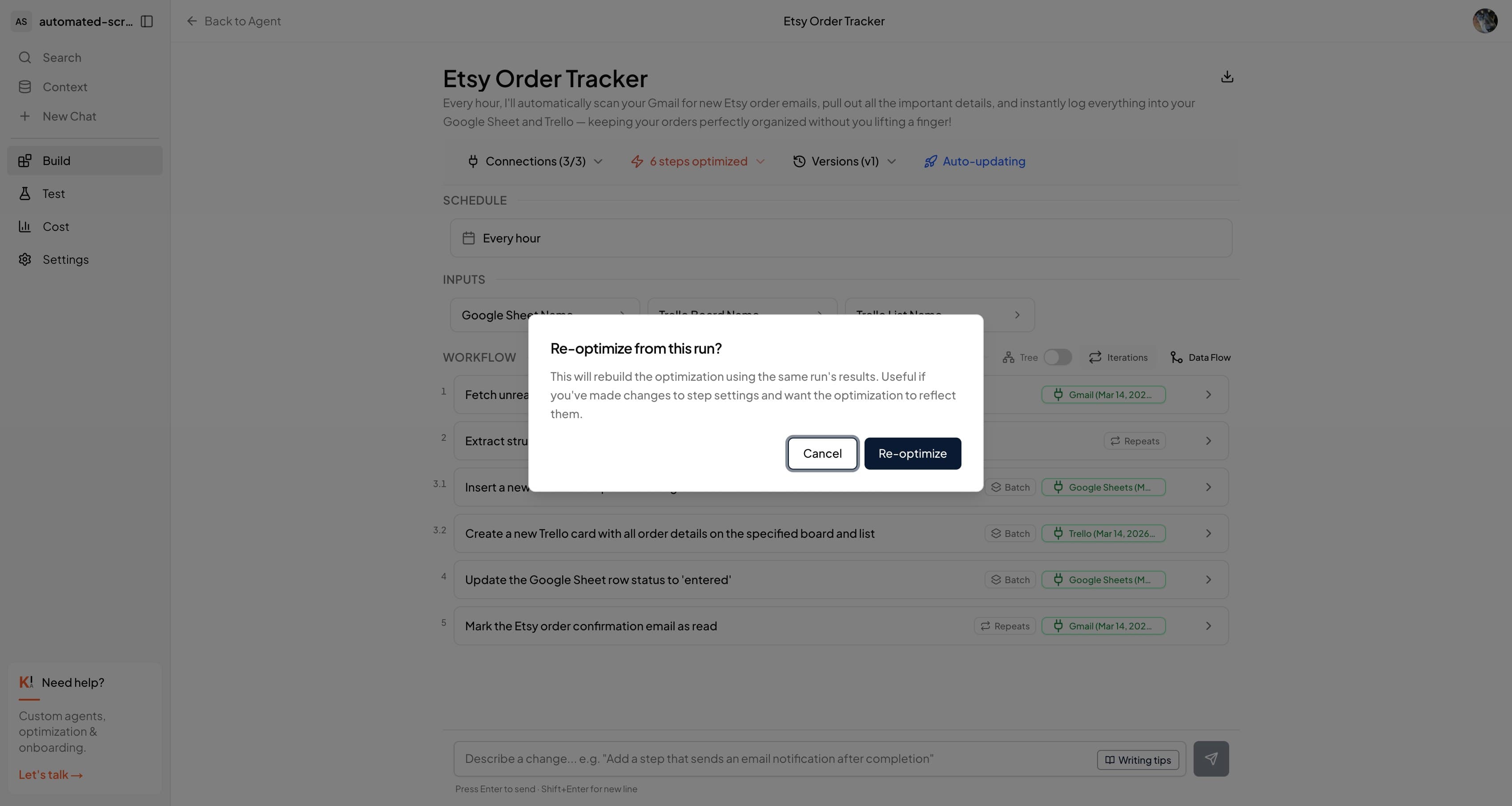 Confirmation dialog: Re-optimize from this run? This will rebuild the optimization using the same run's results.