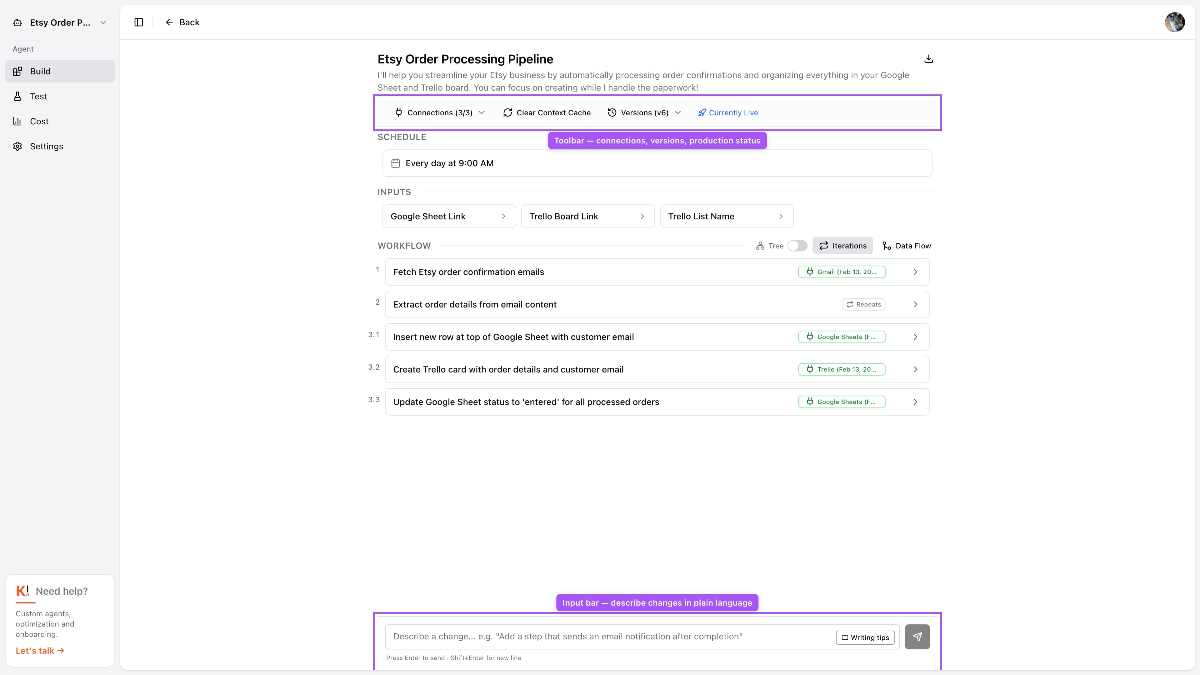 Build tab showing the toolbar with connections counter and version selector, numbered step list with badges, and the input bar at the bottom