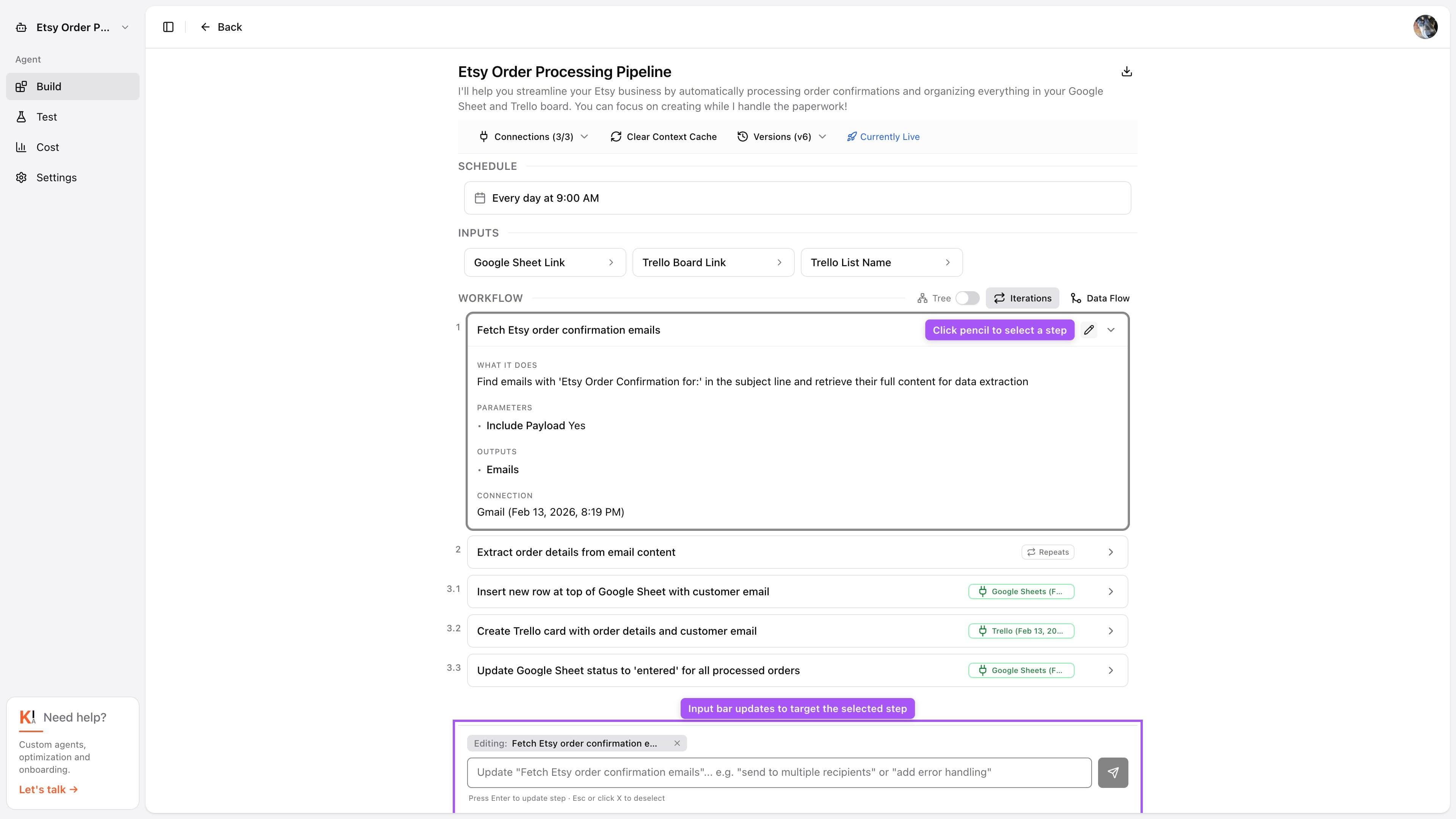 A step card selected for editing with a blue ring highlight and the input bar showing the Update placeholder