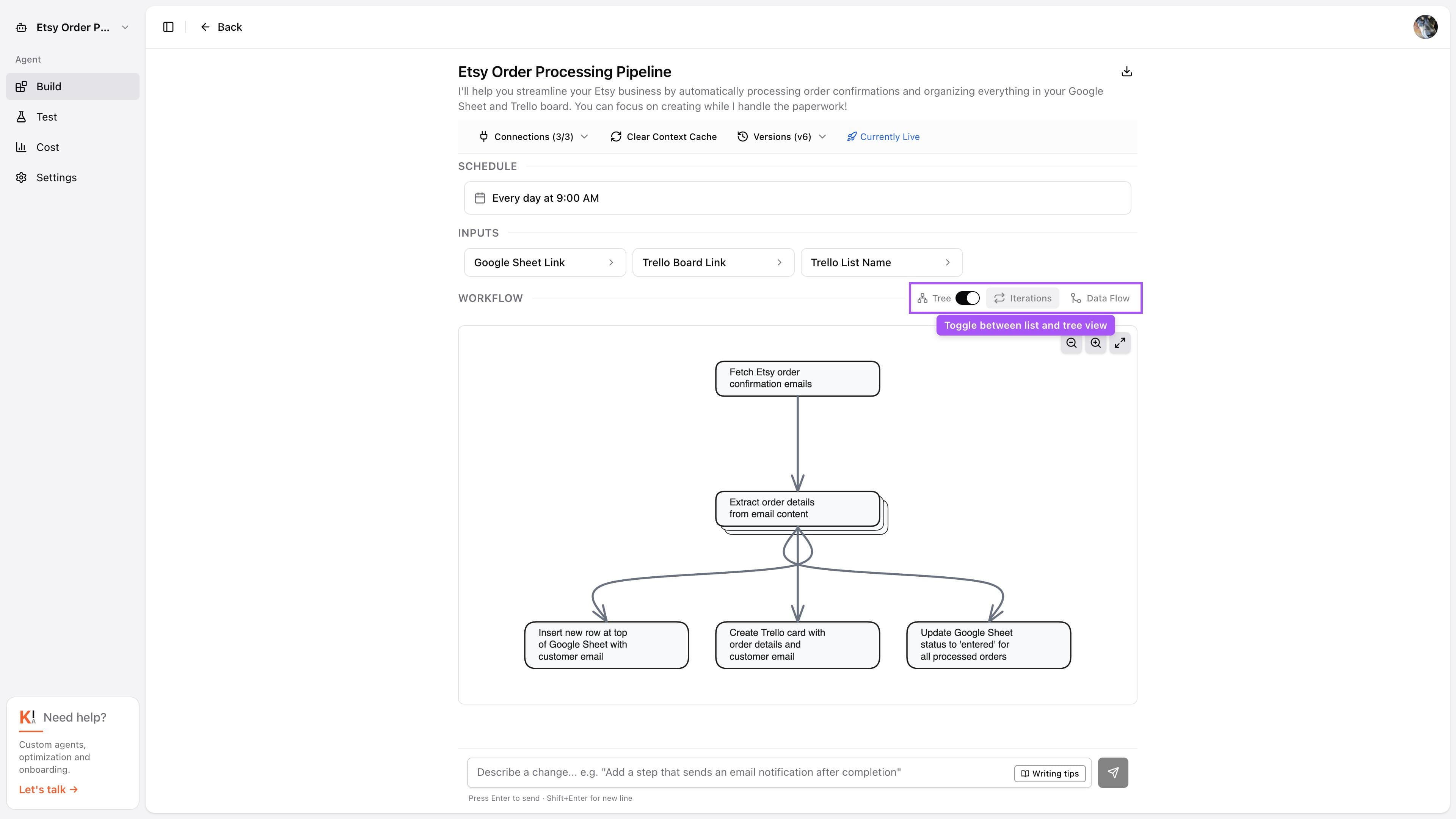 Tree view rendering the workflow as an interactive dependency graph with zoom and fullscreen controls