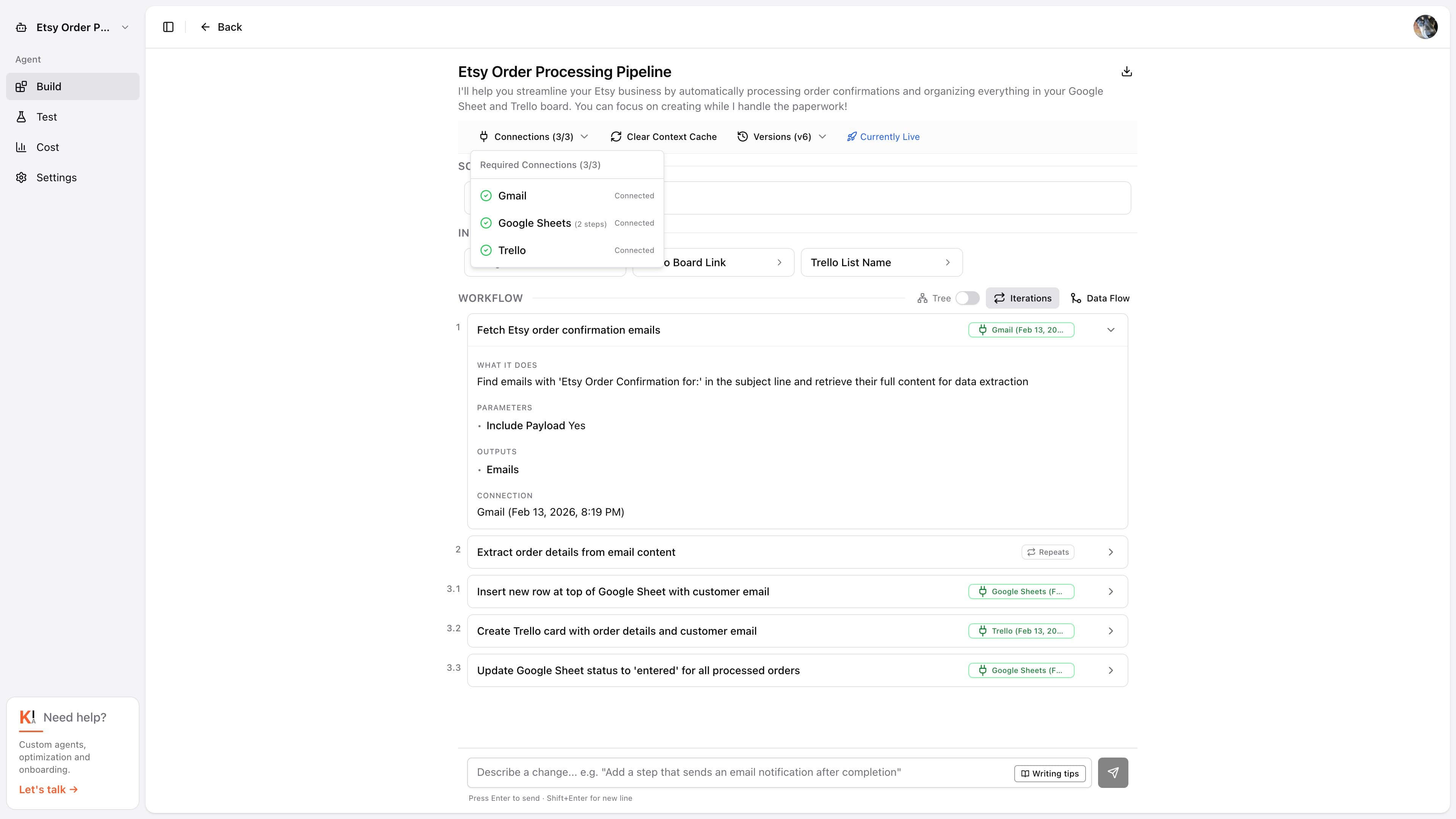 Connections dropdown listing required integrations with green checkmarks for connected and amber circles for not connected
