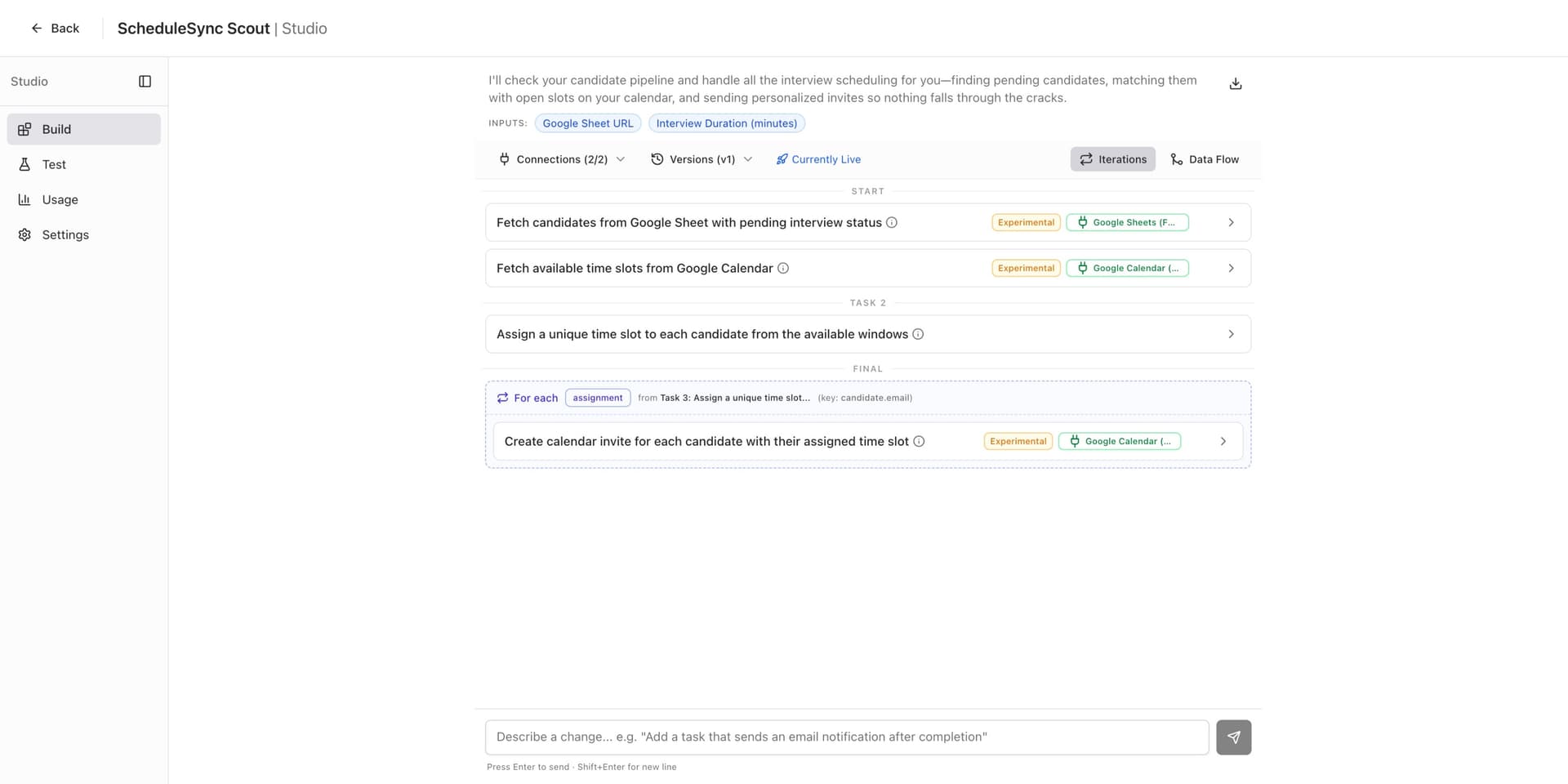 Studio Build tab with all apps connected showing green Google Sheets and Google Calendar badges and Connections 2/2